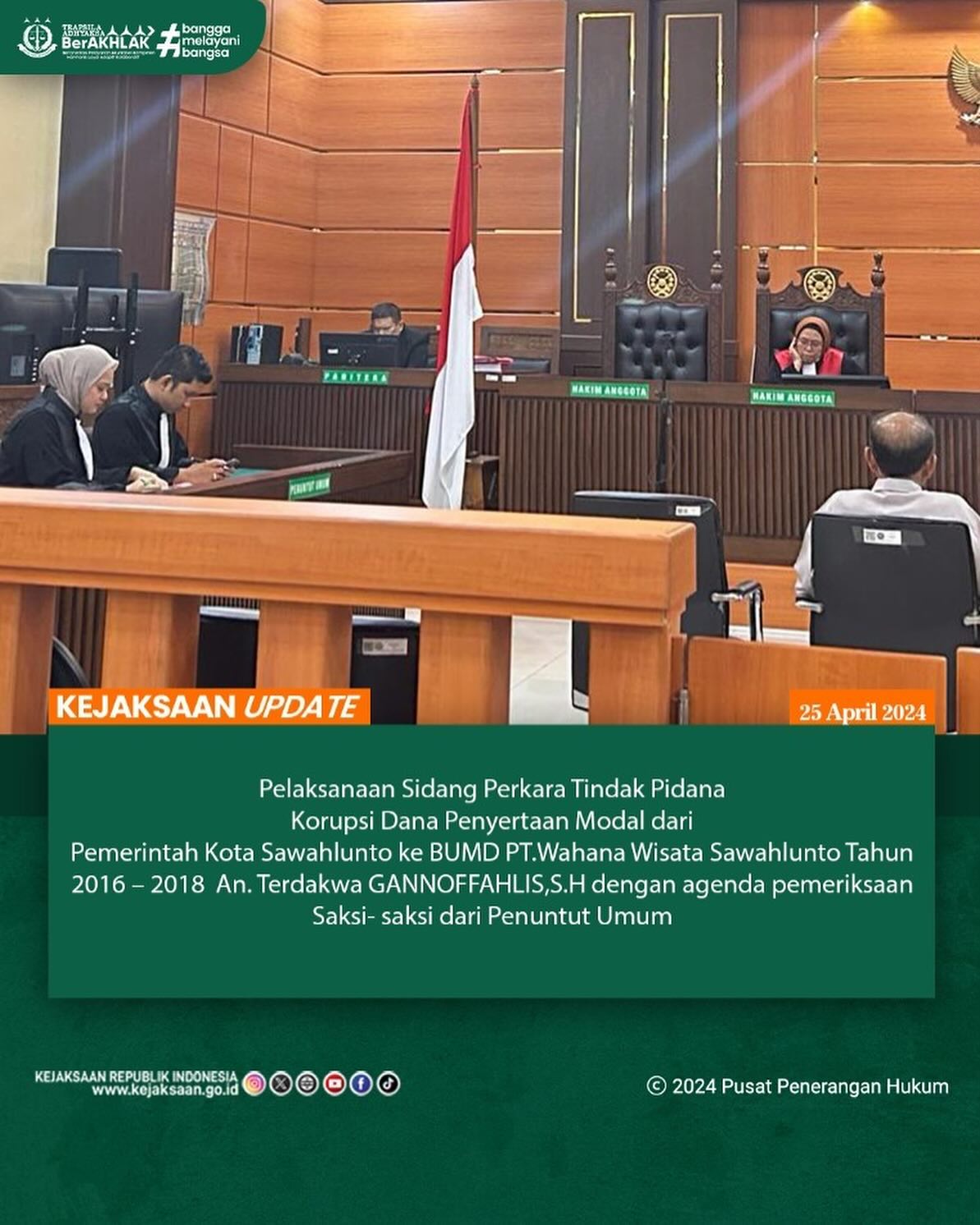 Bahwa pada hari Kamis tanggal 25 April 2024 sekitar pukul 14.00 Wib, bertempat di Pengadilan Negeri Kelas I.A Padang, Tim Jaksa Penuntut Umum Kejaksaan Negeri Sawahlunto telah melaksanakan Sidang Perkara Tindak Pidana Korupsi Dana Penyertaan Modal dari Pemerintah Kota Sawahlunto ke BUMD PT.Wahana Wisata Sawahlunto Tahun 2016 – 2018 dengan agenda persidangan yakni pemeriksaan saksi-saksi.Update terus informasi anda tentang Kejaksaan Negeri Sawahlunto terbaru di official account Instagram,Facebook dan Youtube kami !!..____🌐 kejari-sawahlunto.kejaksaan.go.idFACEBOOK : Kejaksaan Negeri SawahluntoYOUTUBE : Kejakaaan Negeri Sawahlunto NewTWITTER : @JaksaSawahlunto..________#KejaksaanRI#kejatisumbarnew@kejatisumaterabarat #kejarisawahlunto - from Instagram