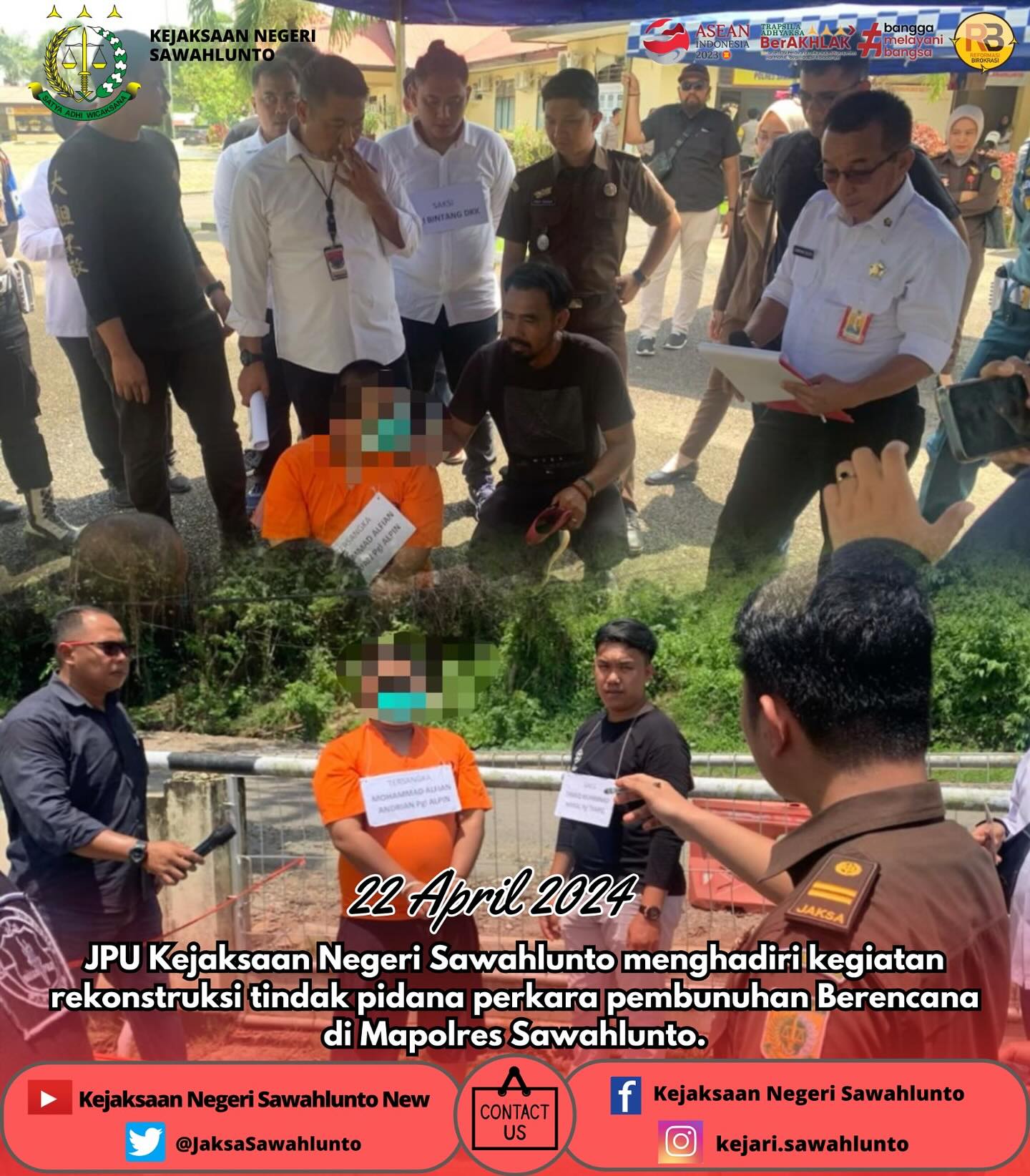 Bahwa pada hari senin 22 April 2024 JPU Kejaksaan Negeri Sawahlunto menghadiri kegiatan rekonstruksi tindak pidana perkara pembunuhan Berencana di Mapolres Sawahlunto.___Update terus informasi anda tentang Kejaksaan Negeri Sawahlunto terbaru di official account Instagram,Facebook dan Youtube kami !!..____🌐 kejari-sawahlunto.kejaksaan.go.idFACEBOOK : Kejaksaan Negeri SawahluntoYOUTUBE : Kejakaaan Negeri Sawahlunto NewTWITTER : @JaksaSawahlunto..________#KejaksaanRI#kejatisumbarnew@kejatisumaterabarat #kejarisawahlunto - from Instagram