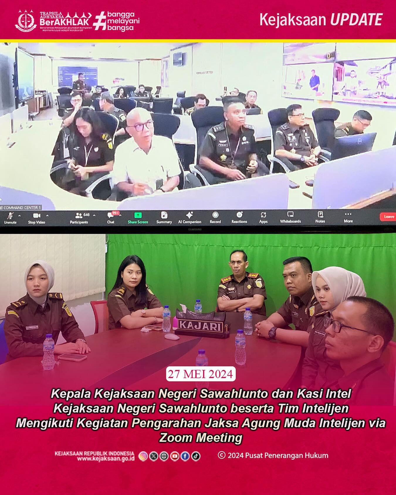 Bahwa pada hari senin tanggal 27 Mei 2024, Kepala Kejaksaan Negeri Sawahlunto dan Kasi Intel Kejaksaan Negeri Sawahlunto beserta Tim Intelijen Mengikuti Kegiatan Pengarahan Jaksa Agung Muda Intelijen via Zoom Meeting—Update terus informasi anda tentang Kejaksaan Negeri Sawahlunto terbaru di official account Instagram,Facebook dan Youtube kami !!..____🌐 kejari-sawahlunto.kejaksaan.go.idFACEBOOK : Kejaksaan Negeri SawahluntoYOUTUBE : Kejakaaan Negeri Sawahlunto NewTWITTER : @JaksaSawahlunto..________#KejaksaanRI#kejatisumbarnew@kejatisumaterabarat#kejarisawahlunto - from Instagram