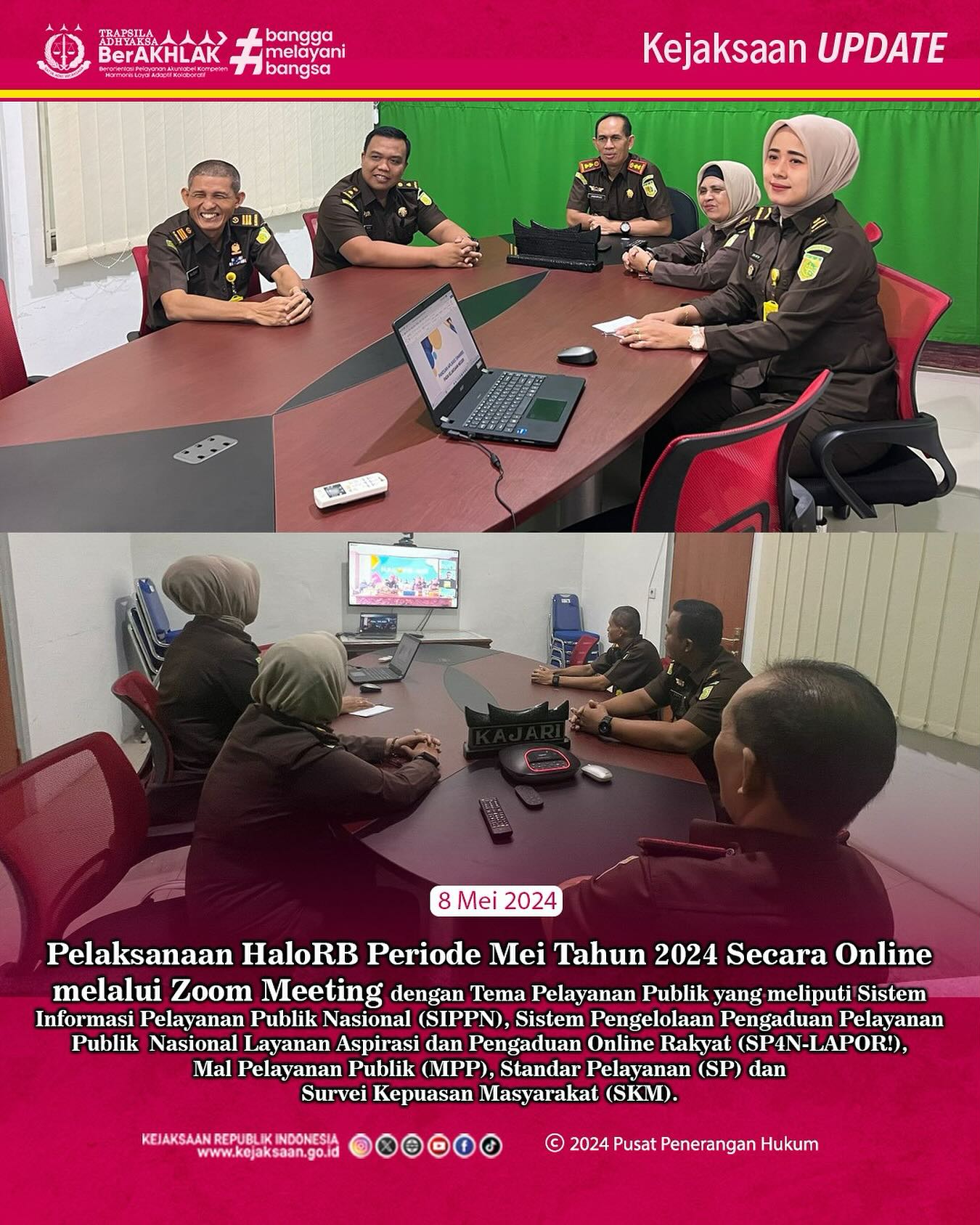 Bahwa pada hari Rabu, 08 Mei 2024 Pelaksanaan HaloRB Periode Mei Tahun 2024 Secara Online melalui Zoom Meeting dengan Tema Pelayanan Publik yang meliputi Sistem Informasi Pelayanan Publik Nasional (SIPPN), Sistem Pengelolaan Pengaduan Pelayanan Publik  Nasional Layanan Aspirasi dan Pengaduan Online Rakyat (SP4N-LAPOR!), Mal Pelayanan Publik (MPP), Standar Pelayanan (SP) dan Survei Kepuasan Masyarakat (SKM).—Update terus informasi anda tentang Kejaksaan Negeri Sawahlunto terbaru di official account Instagram,Facebook dan Youtube kami !!..____🌐 kejari-sawahlunto.kejaksaan.go.idFACEBOOK : Kejaksaan Negeri SawahluntoYOUTUBE : Kejakaaan Negeri Sawahlunto NewTWITTER : @JaksaSawahlunto..________#KejaksaanRI#kejatisumbarnew@kejatisumaterabarat#kejarisawahlunto - from Instagram