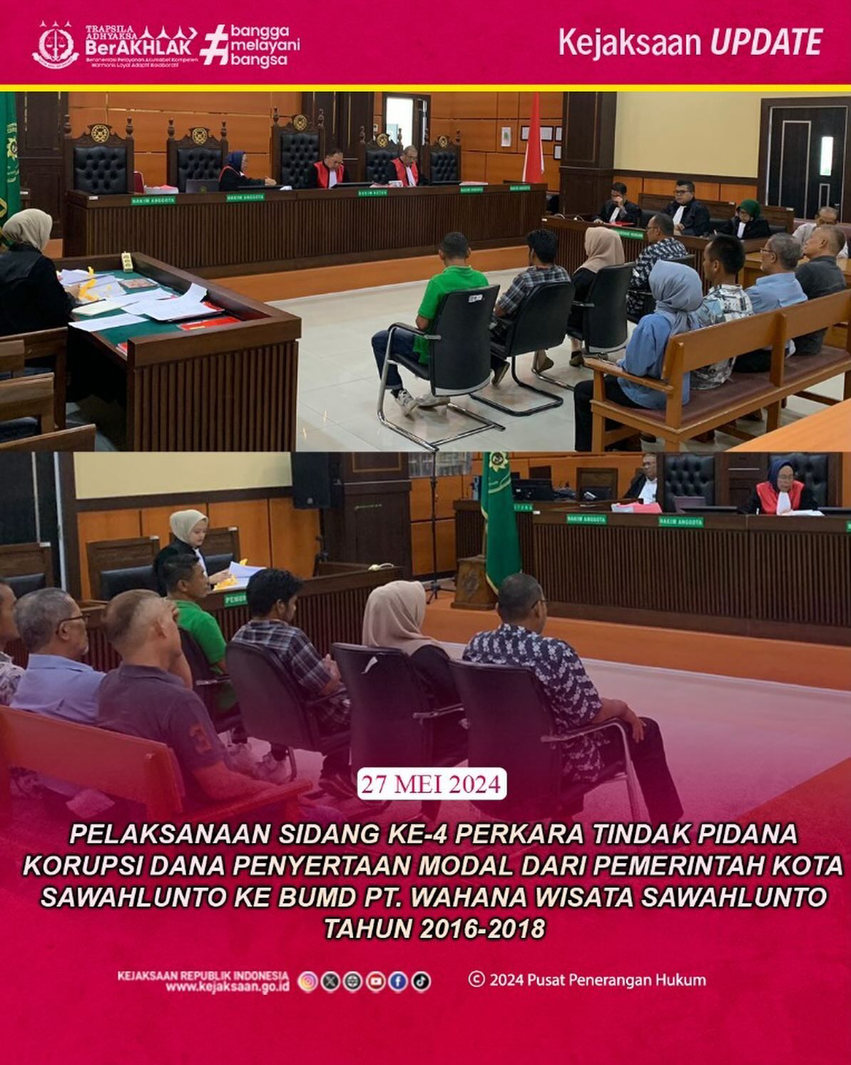 Bahwa pada hari Senin, 27 Mei 2024 bertempat di Pengadilan Negeri Tipikor Kelas I.A Padang, Tim Jaksa Penuntut Umum Kejaksaan Negeri Sawahlunto telah melaksanakan Sidang Ke-4 Perkara Tindak Pidana Korupsi Dana Penyertaan Modal dari Pemerintah Kota Sawahlunto ke BUMD PT.Wahana Wisata Sawahlunto Tahun 2016 – 2018 dengan agenda sidang yaitu pemeriksaan Saksi-saksi. —Update terus informasi anda tentang Kejaksaan Negeri Sawahlunto terbaru di official account Instagram,Facebook dan Youtube kami !!..____🌐 kejari-sawahlunto.kejaksaan.go.idFACEBOOK : Kejaksaan Negeri SawahluntoYOUTUBE : Kejakaaan Negeri Sawahlunto NewTWITTER : @JaksaSawahlunto..________#KejaksaanRI#kejatisumbarnew@kejatisumaterabarat#kejarisawahlunto - from Instagram