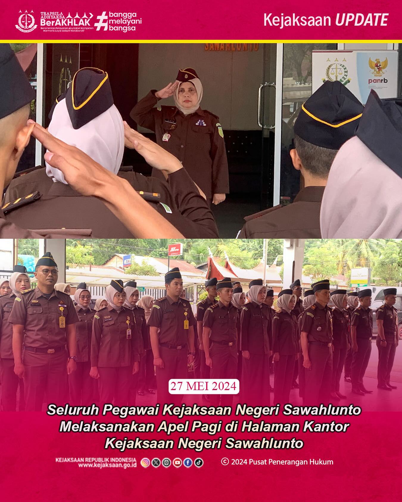 Senin,27 Mei 2024Bahwa pada hari Senin tanggal 27 Mei 2024, Kepala Sub Bagian Pembinaan Kejaksaan Negeri Sawahlunto beserta Seluruh jajaran dan Pegawai Kejaksaan Negeri Sawahlunto melaksanakan Apel Pagi.Update informasi anda tentang Kejaksaan Negeri Sawahlunto terbaru di official account Instagram,Facebook dan Youtube kami !!..____FACEBOOK : Kejaksaan Negeri SawahluntoYOUTUBE : Kejakaaan Negeri Sawahlunto NewTWITTER : @JaksaSawahlunto..________#KejaksaanRI#kejatisumaterabarat@kejatisumaterabarat#kejarisawahlunto - from Instagram