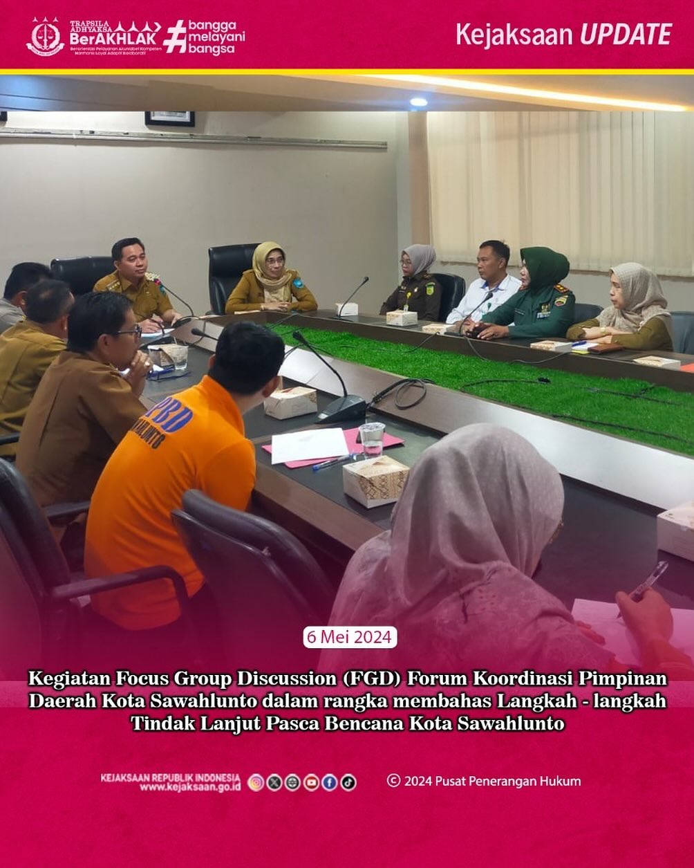 Bahwa pada hari Senin, 06 Mei 2024 Jaksa Fungsional Laras Iga Mawarni,S.H melaksanakan Kegiatan Focus Group Discussion (FGD) Forum Koordinasi Pimpinan Daerah Kota Sawahlunto dalam rangka membahas Langkah - langkah Tindak Lanjut Pasca Bencana Kota Sawahlunto.Update terus informasi anda tentang Kejaksaan Negeri Sawahlunto terbaru di official account Instagram,Facebook dan Youtube kami !!..____🌐 kejari-sawahlunto.kejaksaan.go.idFACEBOOK : Kejaksaan Negeri SawahluntoYOUTUBE : Kejakaaan Negeri Sawahlunto NewTWITTER : @JaksaSawahlunto..________#KejaksaanRI#kejatisumbarnew@kejatisumaterabarat#kejarisawahlunto - from Instagram