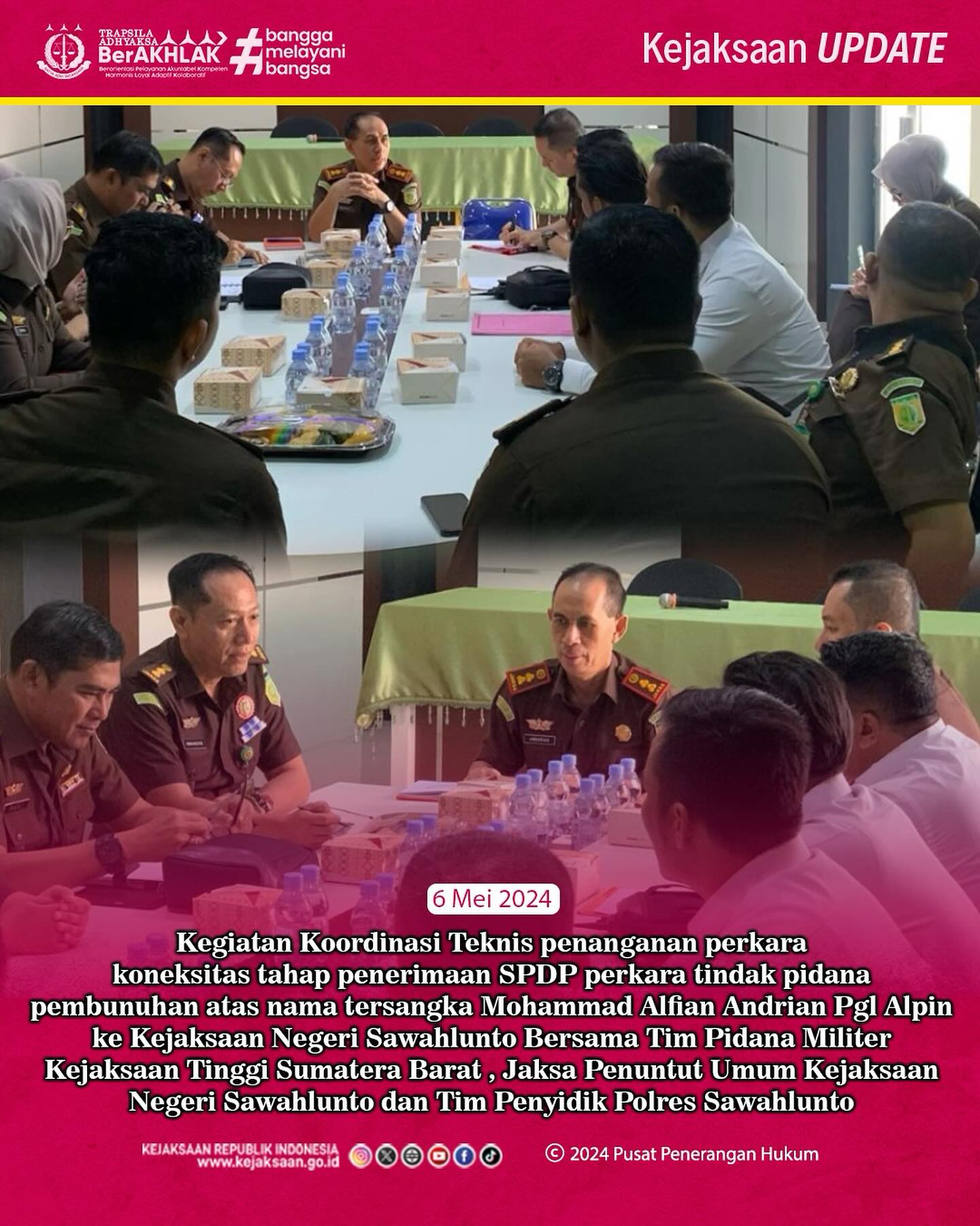 Bahwa pada hari Senin, 06 Mei 2024 bertempat di Kantor Kejaksaan Negeri Sawahlunto, dilaksanakan Kegiatan Koordinasi Teknis penanganan perkara koneksitas tahap penerimaan SPDP perkara tindak pidana pembunuhan atas nama tersangka Mohammad Alfian Andrian Pgl Alpin yang diduga melanggar Pasal 340 jo 338 jo 55 ayat (1) ke-1 KUHPidana , yang mana tindak pidana tersebut dilakukan oleh tersangka Muhammad Alfian Andrian Pgl. Alpin dengan pelaku lain yaitu anggota TNI AL aktif bernama Serda Adan Aryan Marsal (penyidikan dilakukanoleh POM Lantamal II Padang), Kegiatan ini dihadiri oleh Tim Pidana Militer Kejaksaan Tinggi Sumatera Barat, Jaksa Penuntut Umum Kejaksaan Negeri Sawahlunto, Tim Penyidik Polres SawahluntoUpdate terus informasi anda tentang Kejaksaan Negeri Sawahlunto terbaru di official account Instagram,Facebook dan Youtube kami !!..____🌐 kejari-sawahlunto.kejaksaan.go.idFACEBOOK : Kejaksaan Negeri SawahluntoYOUTUBE : Kejakaaan Negeri Sawahlunto NewTWITTER : @JaksaSawahlunto..________#KejaksaanRI#kejatisumbarnew@kejatisumaterabarat#kejarisawahlunto - from Instagram