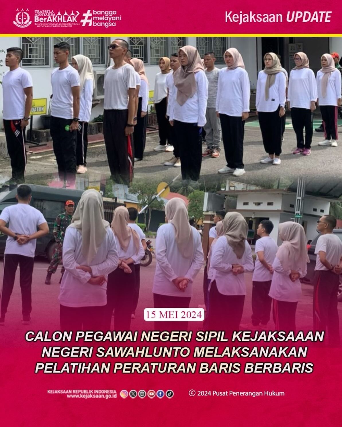 Bahwa pada hari Rabu, 15 Mei 2024 bertempat di Halaman Kantor Kejaksaan Negeri Sawahlunto, Para CPNS Tahun 2023 Kejaksaan Negeri Sawahlunto melaksanakan kegiatan Pelatihan PBB yang di berikan oleh Kejaksaan Negeri Sawahlunto melalui Koramil 04 Muaro Kalaban.—Update terus informasi anda tentang Kejaksaan Negeri Sawahlunto terbaru di official account Instagram,Facebook dan Youtube kami !!..____🌐 kejari-sawahlunto.kejaksaan.go.idFACEBOOK : Kejaksaan Negeri SawahluntoYOUTUBE : Kejakaaan Negeri Sawahlunto NewTWITTER : @JaksaSawahlunto..________#KejaksaanRI#kejatisumbarnew@kejatisumaterabarat#kejarisawahlunto - from Instagram