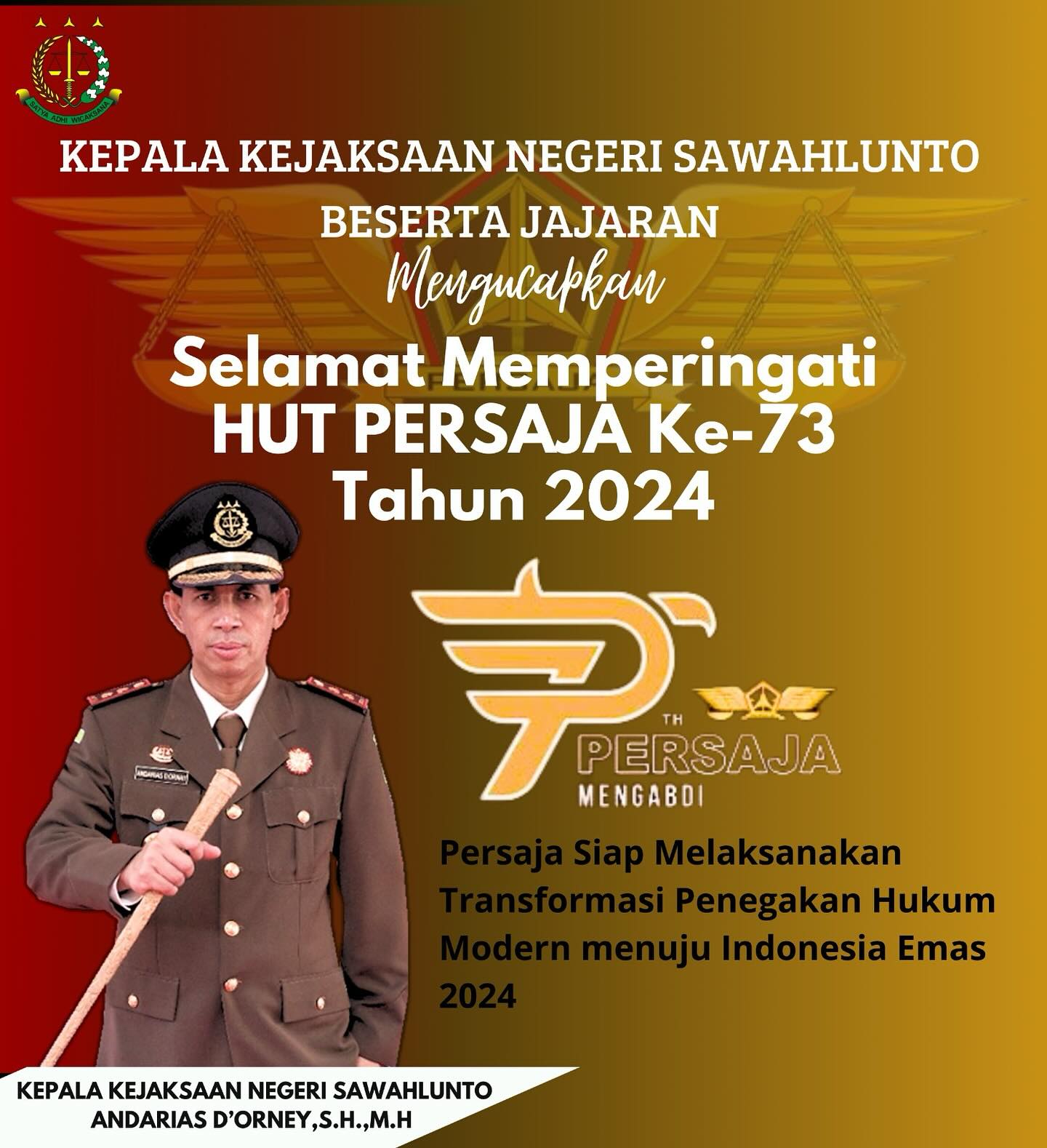 Kepala Kejaksaan Negeri Sawahlunto Beserta Seluruh Jajaran Mengucapkan Selamat Memperingati HUT PERSAJA Ke-73Tahun 2024, PERSAJA Siap Melaksanakan Transformasi Penegakan Hukum Modern menuju Indonesia Emas 2024.____Update terus informasi anda tentang Kejaksaan Negeri Sawahlunto terbaru di official account Instagram,Facebook dan Youtube kami !!..____🌐 kejari-sawahlunto.kejaksaan.go.idFACEBOOK : Kejaksaan Negeri SawahluntoYOUTUBE : Kejakaaan Negeri Sawahlunto NewTWITTER : @JaksaSawahlunto..________#KejaksaanRI#kejatisumbarnew@kejatisumbarnew#kejarisawahlunto - from Instagram