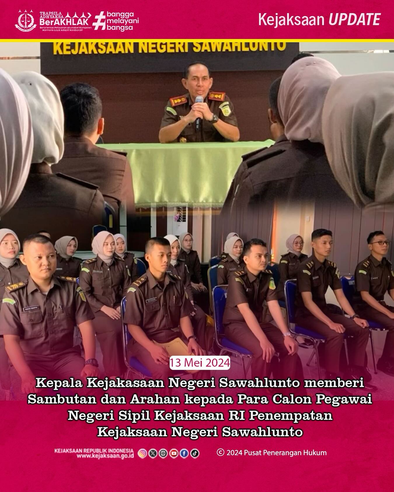 Bahwa pada hari Senin, 13 Mei 2024 Bertempat di aula Kantor Kejaksaan Negeri Sawahlunto, Kepala Kejakasaan Negeri Sawahlunto memberi Sambutan dan Arahan kepada Para Calon Pegawai Negeri Sipil Kejaksaan RI Penempatan Kejaksaan Negeri Sawahlunto.—Update terus informasi anda tentang Kejaksaan Negeri Sawahlunto terbaru di official account Instagram,Facebook dan Youtube kami !!..____🌐 kejari-sawahlunto.kejaksaan.go.idFACEBOOK : Kejaksaan Negeri SawahluntoYOUTUBE : Kejakaaan Negeri Sawahlunto NewTWITTER : @JaksaSawahlunto..________#KejaksaanRI#kejatisumbarnew@kejatisumaterabarat#kejarisawahlunto - from Instagram