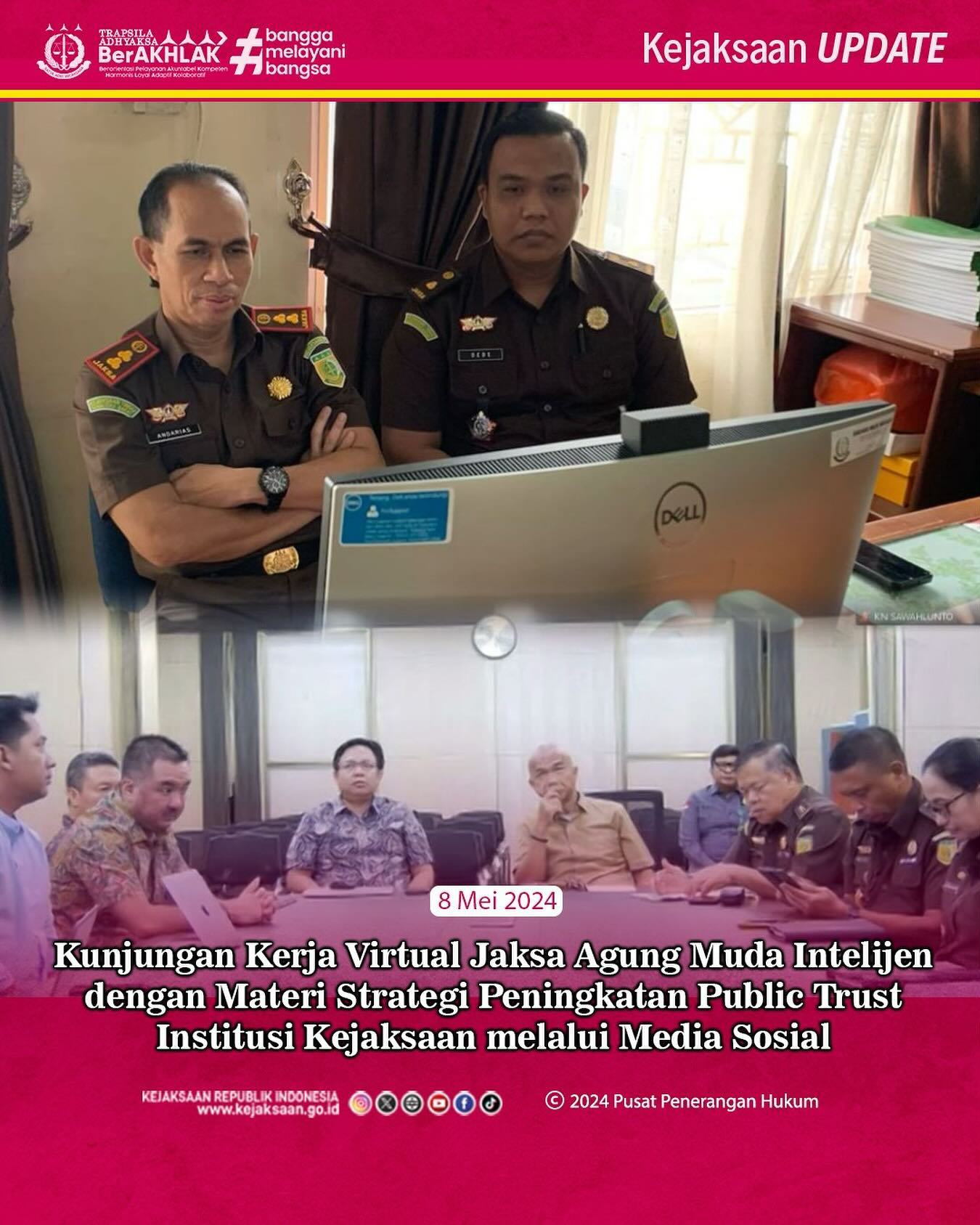 Bahwa pada hari Rabu, 08 Mei 2024 dilaksanakan Kunjungan Kerja Virtual Jaksa Agung Muda Intelijen dengan Materi Strategi Peningkatan Public Trust Institusi Kejaksaan melalui Media Sosial.Update terus informasi anda tentang Kejaksaan Negeri Sawahlunto terbaru di official account Instagram,Facebook dan Youtube kami !!..____🌐 kejari-sawahlunto.kejaksaan.go.idFACEBOOK : Kejaksaan Negeri SawahluntoYOUTUBE : Kejakaaan Negeri Sawahlunto NewTWITTER : @JaksaSawahlunto..________#KejaksaanRI#kejatisumbarnew@kejatisumaterabarat#kejarisawahlunto - from Instagram