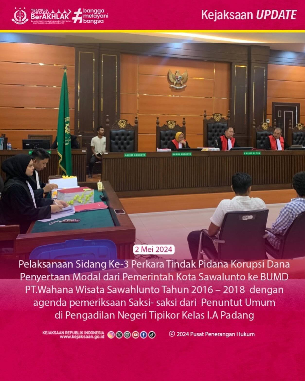 Bahwa pada hari Kamis  tanggal 02 Mei 2024 bertempat di Pengadilan Negeri Tipikor Kelas I.A Padang, Tim Jaksa Penuntut Umum Kejaksaan Negeri Sawahlunto telah melaksanakan Sidang Ke-3  Perkara Tindak Pidana Korupsi Dana Penyertaan Modal dari Pemerintah Kota Sawahlunto ke BUMD PT.Wahana Wisata Sawahlunto Tahun 2016 – 2018 dengan agenda sidang yaitu pemeriksaan Saksi-saksi.Update terus informasi anda tentang Kejaksaan Negeri Sawahlunto terbaru di official account Instagram,Facebook dan Youtube kami !!..____🌐 kejari-sawahlunto.kejaksaan.go.idFACEBOOK : Kejaksaan Negeri SawahluntoYOUTUBE : Kejakaaan Negeri Sawahlunto NewTWITTER : @JaksaSawahlunto..________#KejaksaanRI#kejatisumbarnew@kejatisumaterabarat#kejarisawahlunto - from Instagram
