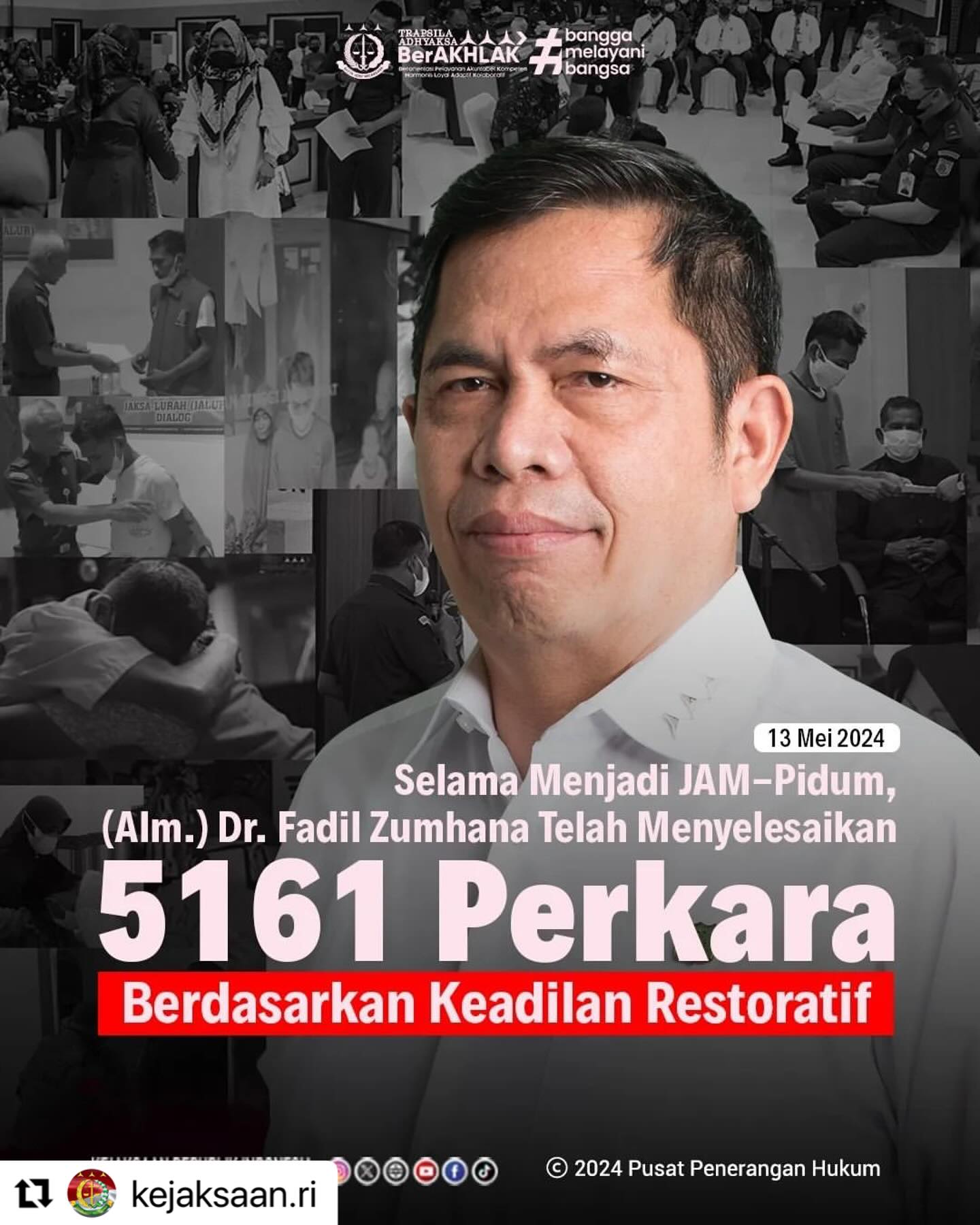#Repost @kejaksaan.ri ・・・Innalillahi Wa Inna Ilaihi Raji’un telah berpulang ke Rahmatullah salah satu Putra Terbaik Kejaksaan Republik Indonesia, Jaksa Agung Muda Tindak Pidana Umum (JAM-Pidum) Dr. Fadil Zumhana, S.H., M.H.Adapun salah satu Legacy yang menjadi catatan emas dalam karirnya adalah mewakili Jaksa Agung untuk menyelesaikan 5161 perkara berdasarkan keadilan restoratif (Restorative Justice) pada tindak pidana Orang dan Harta Benda (Oharda), tindak pidana Keamanan Negara dan Ketertiban Umum (Kamnegtibum), hingga tindak pidana Narkotika. Simak Berita selengkapnya di www.kejaksaan.go.id#KejaksaanRI #WakilJaksaAgung#JaksaProfesionaldanBerintegritas#TrapsilaAdhyaksaBerkahlak#KenaliHukumJauhkanHukuman#AdhyaksaBerduka - from Instagram