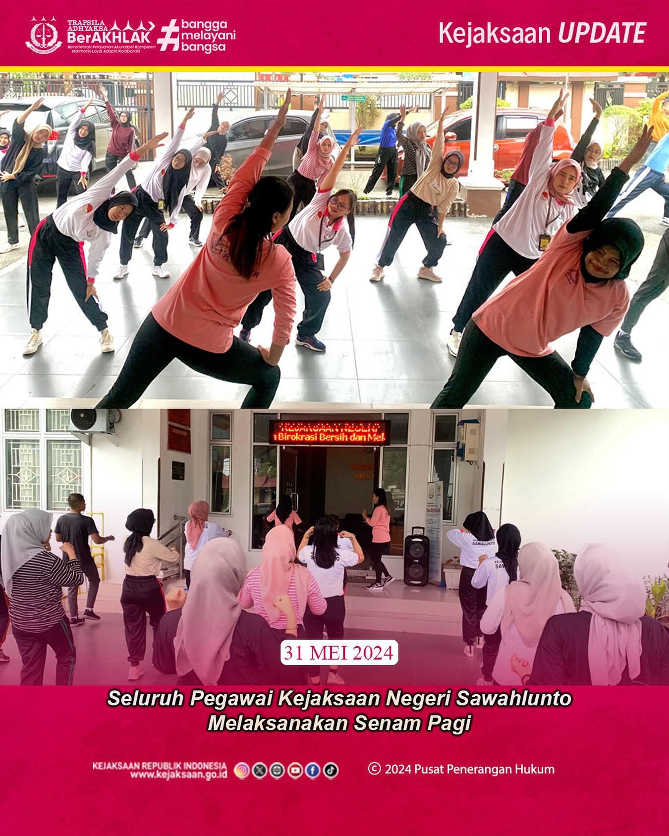 Bahwa pada hari Jumat, 31 Mei 2024 bertempatan di halaman kantor Kejaksaan Negeri Sawahlunto, Seluruh Pegawai Kejaksaan Negeri Sawahlunto Melaksanakan Senam Pagi—Update terus informasi anda tentang Kejaksaan Negeri Sawahlunto terbaru di official account Instagram,Facebook dan Youtube kami !!..____🌐 kejari-sawahlunto.kejaksaan.go.idFACEBOOK : Kejaksaan Negeri SawahluntoYOUTUBE : Kejakaaan Negeri Sawahlunto NewTWITTER : @JaksaSawahlunto..________#KejaksaanRI#kejatisumbarnew@kejatisumaterabarat#kejarisawahlunto - from Instagram