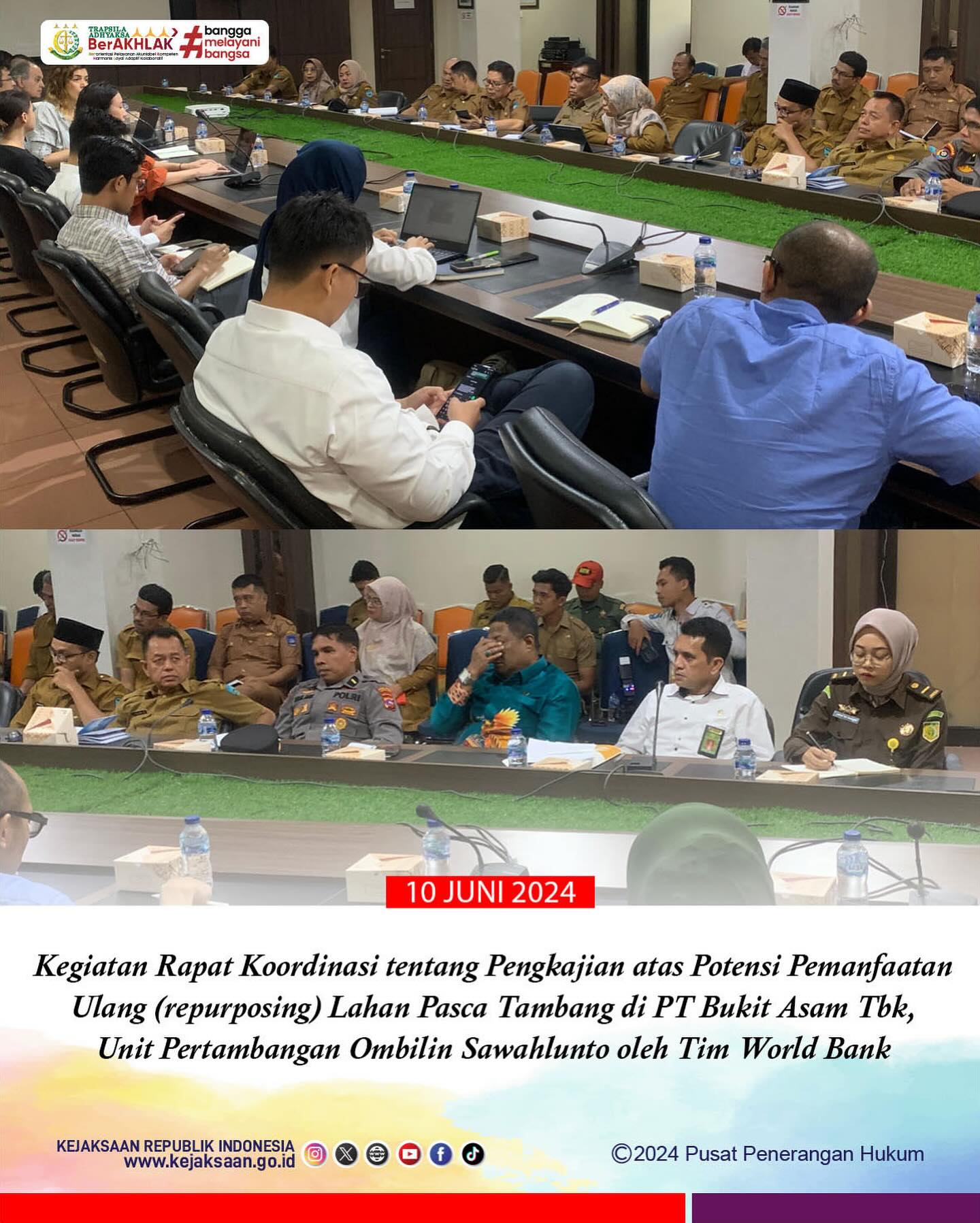 Bahwa pada hari Senin, 10 Juni 2024, bertempat di Ruang Rapat Balaikota Sawahlunto, Jaksa Fungsional Kejaksaan Negeri Sawahlunto, Laras Iga Mawarni,S.H menghadiri Rapat Koordinasi tentang Pengkajian atas Potensi Pemanfaatan Ulang (repurposing) Lahan Pasca Tambang di PT Bukit Asam Tbk, Unit Pertambangan Ombilin Sawahlunto oleh Tim World Bank.—Update terus informasi anda tentang Kejaksaan Negeri Sawahlunto terbaru di official account Instagram,Facebook dan Youtube kami !!..____🌐 kejari-sawahlunto.kejaksaan.go.idFACEBOOK : Kejaksaan Negeri SawahluntoYOUTUBE : Kejakaaan Negeri Sawahlunto NewTWITTER : @JaksaSawahlunto..________#KejaksaanRI#kejatisumbarnew@kejatisumaterabarat#kejarisawahlunto - from Instagram