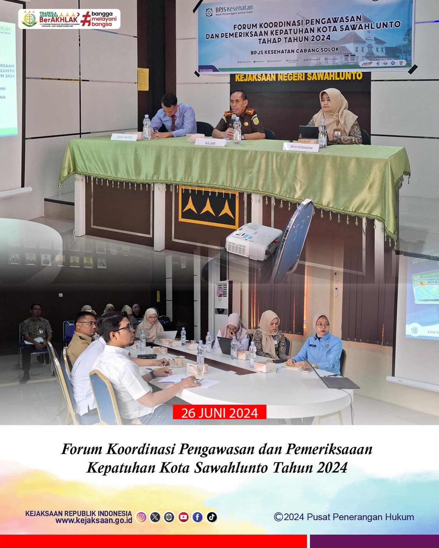 Bahwa pada hari Rabu, 26 Juni 2024 bertempat di Aula Kantor Kejaksaan Negeri Sawahlunto, Kepala Kejaksaan Negeri Sawahlunto,Kepala Seksi Perdata dan Tata Usaha Negara Kejaksaan Negeri Sawahlunto dan Jaksa Pengacara Negara bersama Tim dari BPJS Kesehatan Cabang Solok melaksanakan kegiatan Forum Koordinasi Pengawasan dan Pemeriksaan Kepatuhan Kota Sawahlunto Tahun 2024 - from Instagram