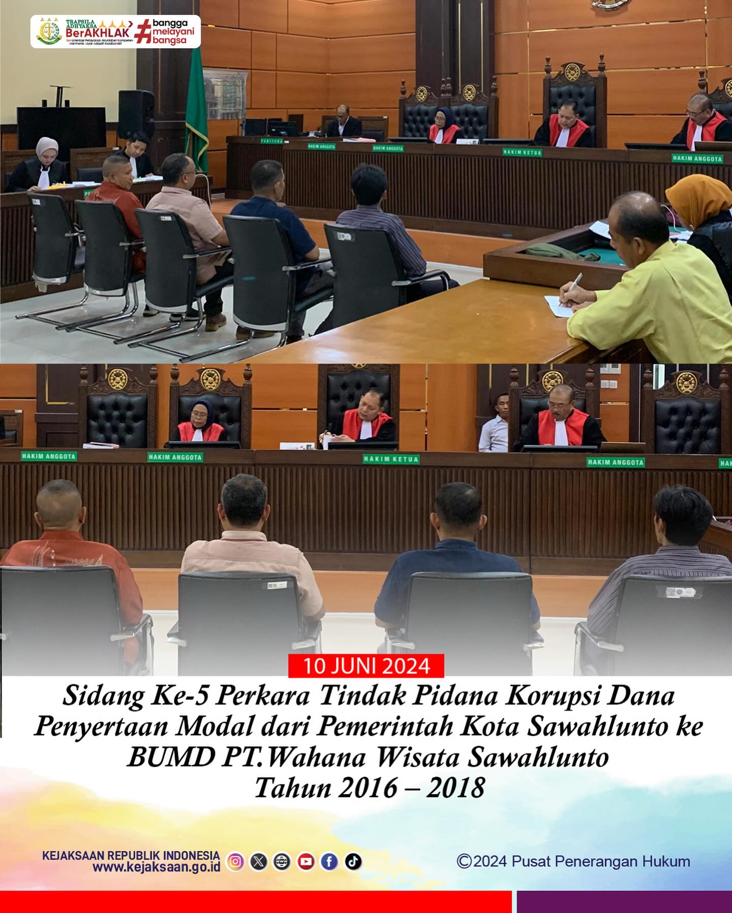 Bahwa pada hari Senin, 10 Juni 2024, bertempat di Kantor Pengadilan Kelas IA Padang , dilaksanakan Sidang Ke-5 Perkara Tindak Pidana Korupsi Dana Penyertaan Modal dari Pemerintah Kota Sawahlunto ke BUMD PT.Wahana Wisata Sawahlunto Tahun 2016 – 2018 dengan agenda sidang yaitu pemeriksaan Saksi-saksi.—Update terus informasi anda tentang Kejaksaan Negeri Sawahlunto terbaru di official account Instagram,Facebook dan Youtube kami !!..____🌐 kejari-sawahlunto.kejaksaan.go.idFACEBOOK : Kejaksaan Negeri SawahluntoYOUTUBE : Kejakaaan Negeri Sawahlunto NewTWITTER : @JaksaSawahlunto..________#KejaksaanRI#kejatisumbarnew@kejatisumaterabarat#kejarisawahlunto - from Instagram