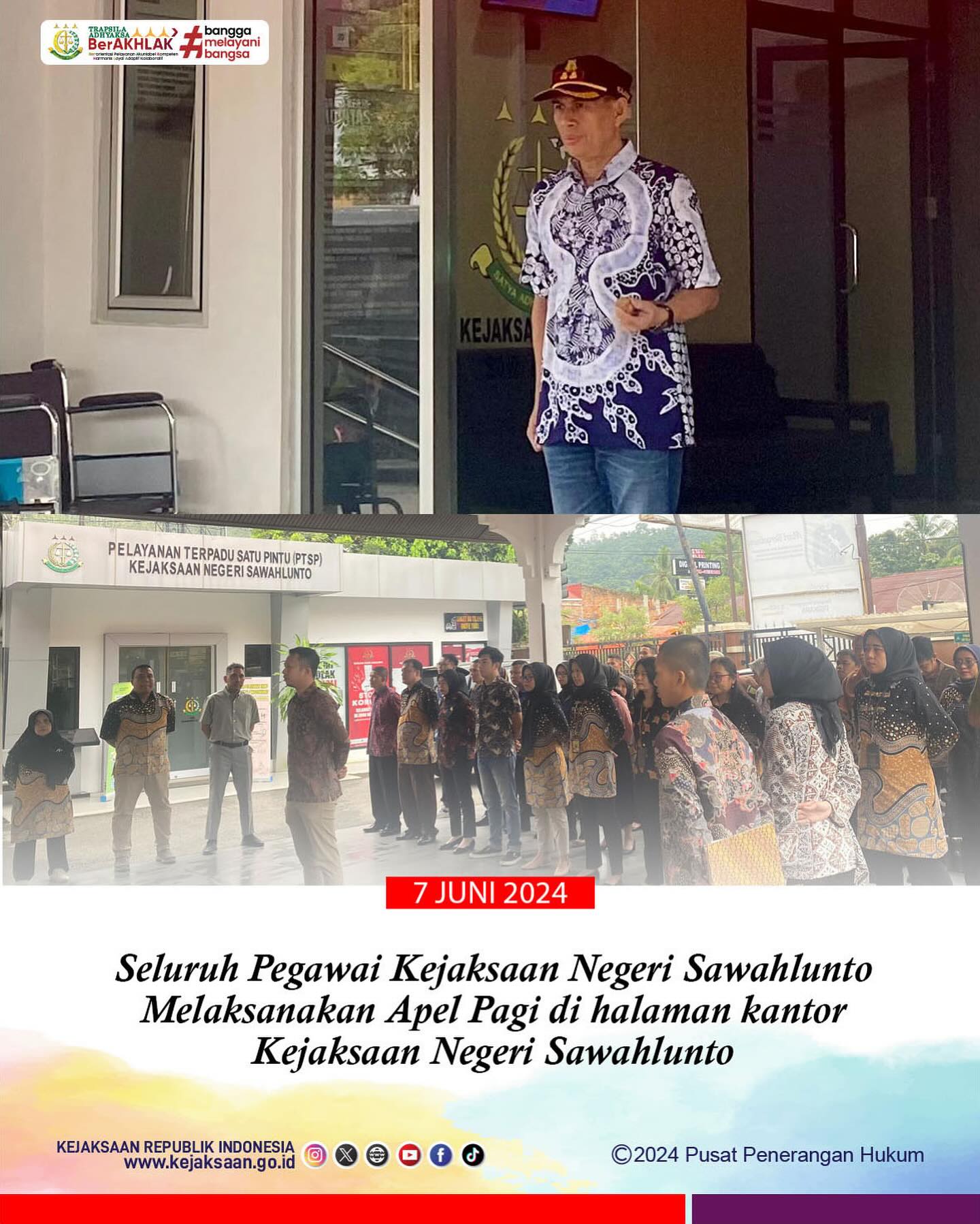 Bahwa pada hari Jumat, 07 Juni 2024 bertempat di Kantor Kejaksaan Negeri Sawahlunto, Kepala Kejaksaan Negeri Sawahlunto beserta Seluruh jajaran dan Pegawai Kejaksaan Negeri Sawahlunto melaksanakan Apel Pagi.—Update terus informasi anda tentang Kejaksaan Negeri Sawahlunto terbaru di official account Instagram,Facebook dan Youtube kami !!..____🌐 kejari-sawahlunto.kejaksaan.go.idFACEBOOK : Kejaksaan Negeri SawahluntoYOUTUBE : Kejakaaan Negeri Sawahlunto NewTWITTER : @JaksaSawahlunto..________#KejaksaanRI#kejatisumbarnew@kejatisumaterabarat#kejarisawahlunto - from Instagram