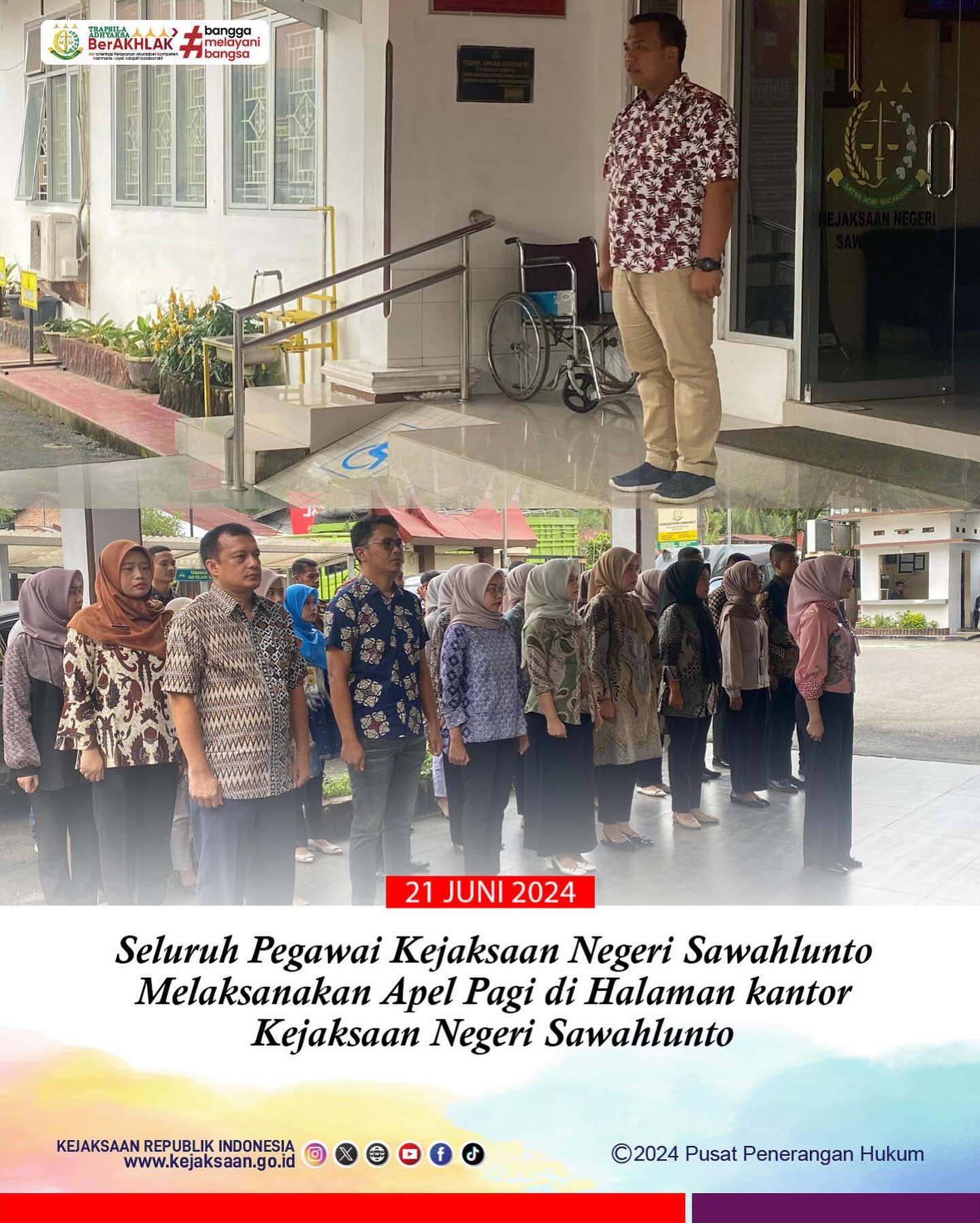 Bahwa pada hari Jumat, 21 Juni 2024 bertempat di Kantor Kejaksaan Negeri Sawahlunto, Kepala Seksi Intelijen Kejaksaan Negeri Sawahlunto beserta Seluruh jajaran dan Pegawai Kejaksaan Negeri Sawahlunto melaksanakan Apel Pagi. - from Instagram