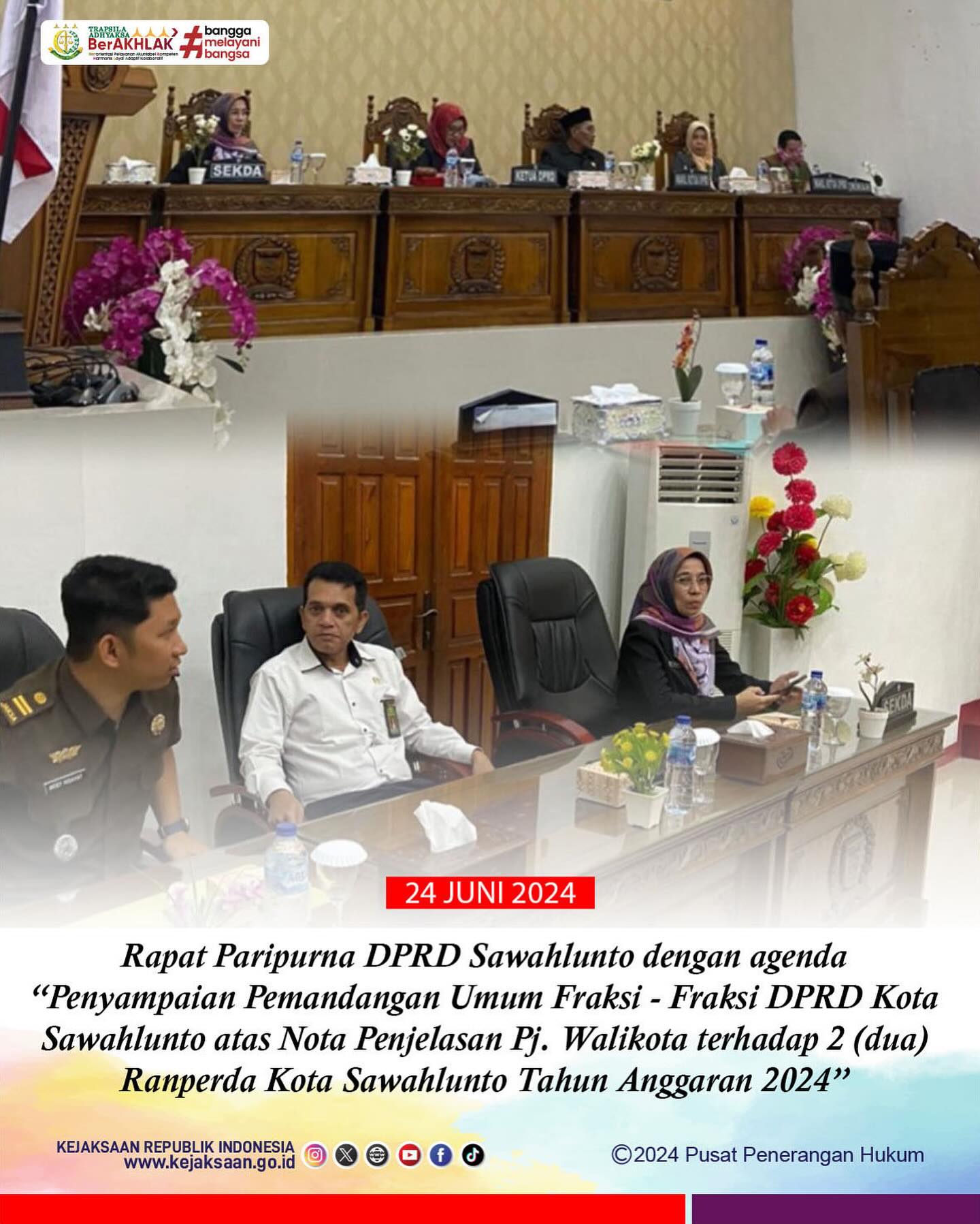 Bahwa pada hari Senin, 24 Juni 2024 bertempat di Ruang Rapat DPRD Kota Sawahlunto, Kasubsi A Kejaksaan Negeri Sawahlunto, Arief Hidayat,S.H mengikuti kegiatan rapat Paripurna DPRD Kota Sawahlunto dengan agenda rapat “Penyampaian Pemandangan Umum Fraksi - Fraksi DPRD Kota Sawahlunto atas Nota Penjelasan Pj. Walikota terhadap 2 (dua) Ranperda Kota Sawahlunto Tahun Anggaran 2024” - from Instagram