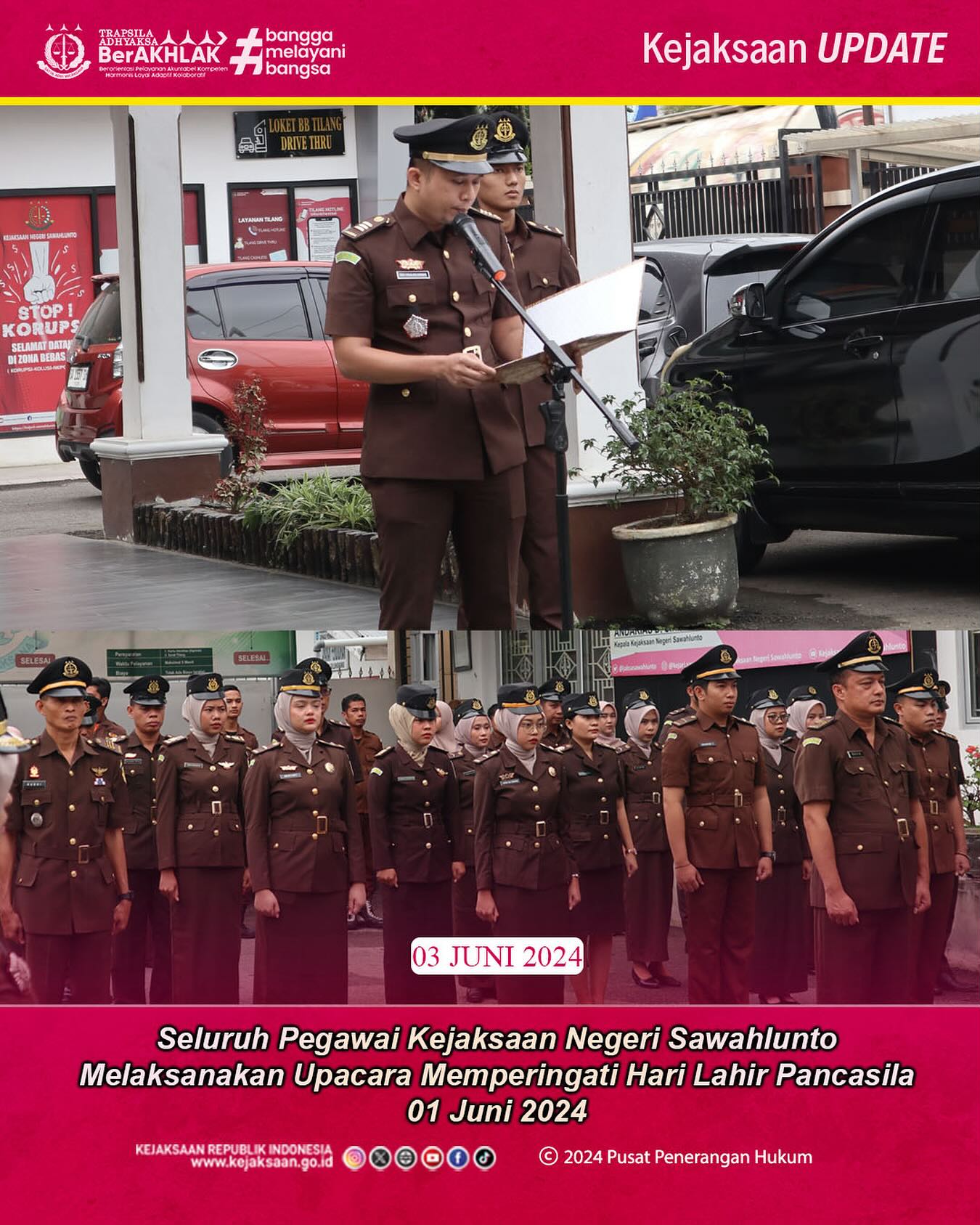 Bahwa pada hari Senin, 03 Juni 2024 Seluruh Pegawai Kejaksaan Negeri Sawahlunto Melaksanakan Upacara Memperingati Hari Lahir Pancasila 01 Juni 2024.—Update terus informasi anda tentang Kejaksaan Negeri Sawahlunto terbaru di official account Instagram,Facebook dan Youtube kami !!..____🌐 kejari-sawahlunto.kejaksaan.go.idFACEBOOK : Kejaksaan Negeri SawahluntoYOUTUBE : Kejakaaan Negeri Sawahlunto NewTWITTER : @JaksaSawahlunto..________#KejaksaanRI#kejatisumbarnew@kejatisumaterabarat#kejarisawahlunto - from Instagram