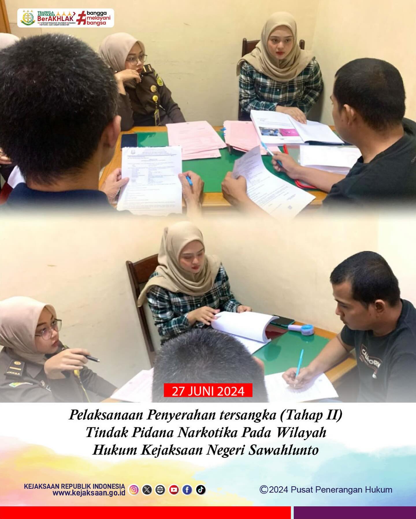Bahwa pada hari Kamis 27 Juni 2024, bertempat di Ruang Pemeriksaan Seksi Tindak Pidana Umum Kejaksaan Negeri Sawahlunto telah dilaksanakan Pelaksanaan Penyerahan Tersangka (Tahap II) Tindak Pidana Narkotika dari Penyidik Polres Sawahlunto. - from Instagram
