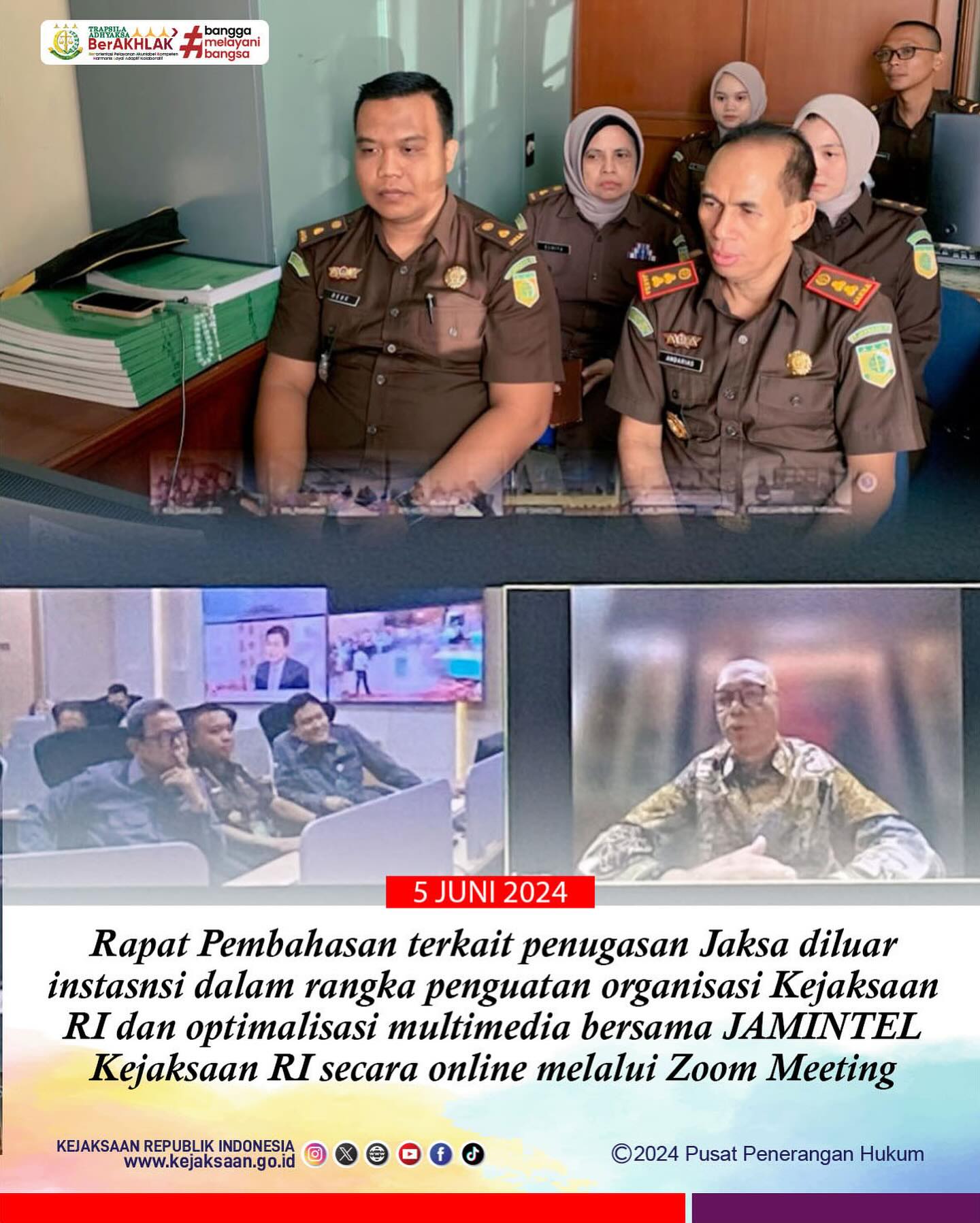 Bahwa pada hari Rabu, 05 Juni 2024 bertempat di Kantor Kejaksaan Negeri Sawahlunto, Kepala Kejaksaan Negeri Sawahlunto, beserta Kasi Intelijen dan Kasubbag BIN Kejaksaan Negeri Sawahlunto mengikuti kegiatan Rapat Pembahasan terkait penugasan Jaksa diluar instansi dalam rangka penguatan organisasi Kejaksaan RI dan optimalisasi multimedia bersama JAMINTEL Kejaksaan RI secara online melalui Zoom Meeting.—Update terus informasi anda tentang Kejaksaan Negeri Sawahlunto terbaru di official account Instagram,Facebook dan Youtube kami !!..____🌐 kejari-sawahlunto.kejaksaan.go.idFACEBOOK : Kejaksaan Negeri SawahluntoYOUTUBE : Kejakaaan Negeri Sawahlunto NewTWITTER : @JaksaSawahlunto..________#KejaksaanRI#kejatisumbarnew@kejatisumaterabarat#kejarisawahlunto - from Instagram