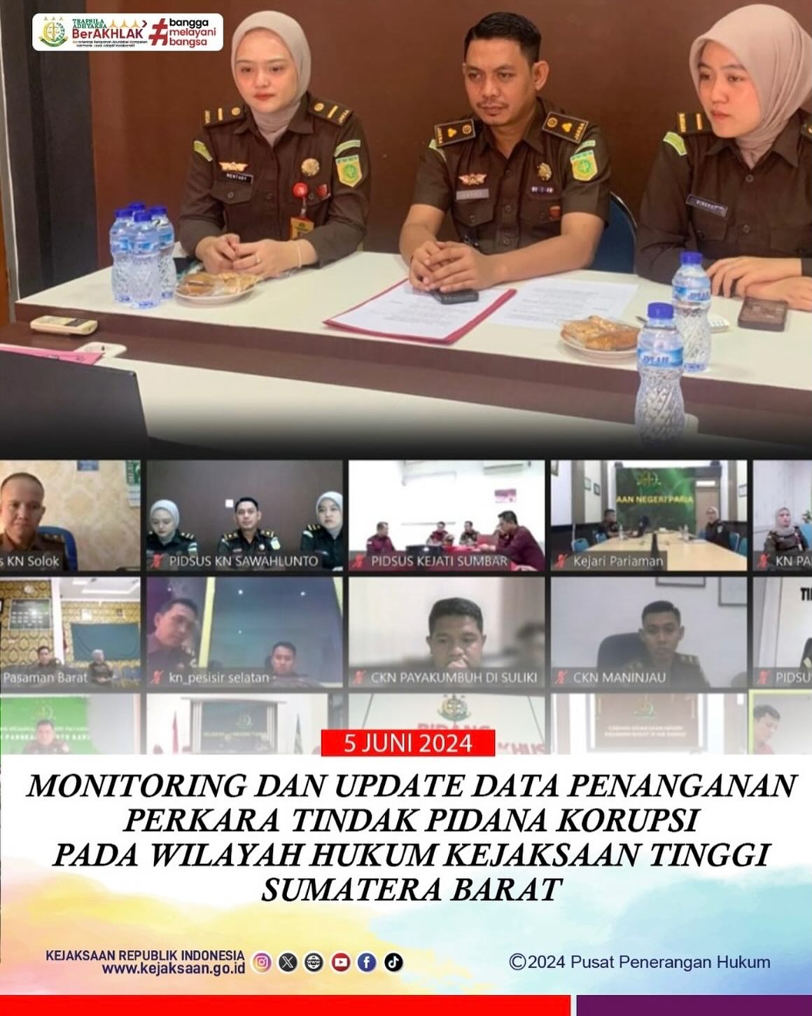Bahwa pada hari Rabu, 05 Juni 2024 bertempat di Kantor Kejaksaan Negeri Sawahlunto, Kasi Pidsus beserta Tim Pidsus Kejaksaan Negeri Sawahlunto mengikuti kegiatan Monitoring Dan Update Data Penanganan Perkara Tindak Pidana Korupsi Pada Wilayah Hukum Kejaksaan Tinggi Sumatera Barat secara online melalui Zoom Meeting—Update terus informasi anda tentang Kejaksaan Negeri Sawahlunto terbaru di official account Instagram,Facebook dan Youtube kami !!..____🌐 kejari-sawahlunto.kejaksaan.go.idFACEBOOK : Kejaksaan Negeri SawahluntoYOUTUBE : Kejakaaan Negeri Sawahlunto NewTWITTER : @JaksaSawahlunto..________#KejaksaanRI#kejatisumbarnew@kejatisumaterabarat#kejarisawahlunto - from Instagram