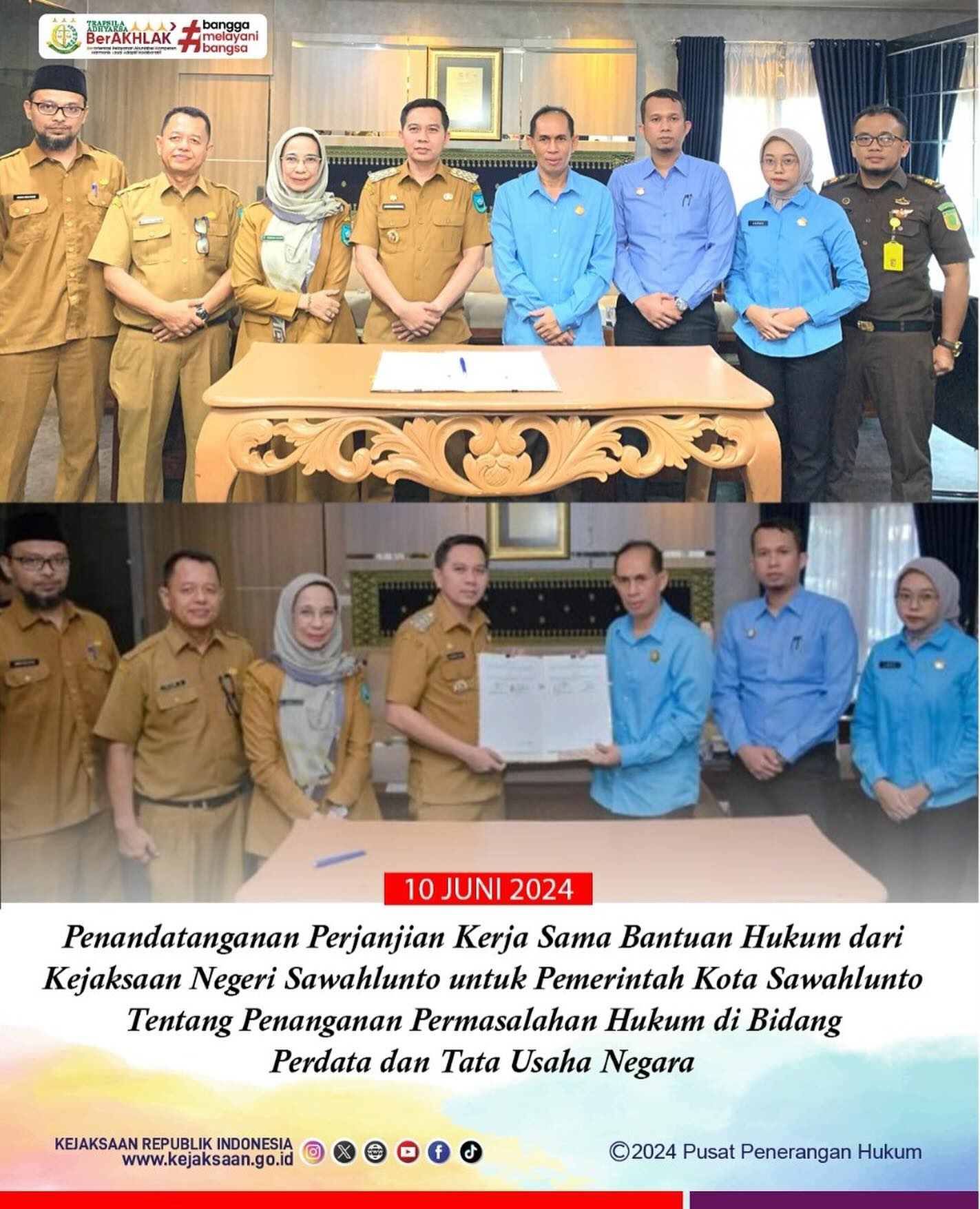 Bahwa pada hari Senin, 10 Juli 2024 , bertempat di Balaikota Sawahlunto, Telah dilaksanakan Penandatanganan Perjanjian Kerja Sama Bantuan Hukum dari Kejaksaan Negeri Sawahlunto untuk Pemerintah Kota Sawahlunto Tentang Penanganan Permasalahan Hukum di Bidang Perdata dan Tata Usaha Negara oleh Kepala Kejaksaan Negeri Sawahlunto dan Pj.Walikota Sawahlunto. —Update terus informasi anda tentang Kejaksaan Negeri Sawahlunto terbaru di official account Instagram,Facebook dan Youtube kami !!..____🌐 kejari-sawahlunto.kejaksaan.go.idFACEBOOK : Kejaksaan Negeri SawahluntoYOUTUBE : Kejakaaan Negeri Sawahlunto NewTWITTER : @JaksaSawahlunto..________#KejaksaanRI#kejatisumbarnew@kejatisumaterabarat#kejarisawahlunto - from Instagram