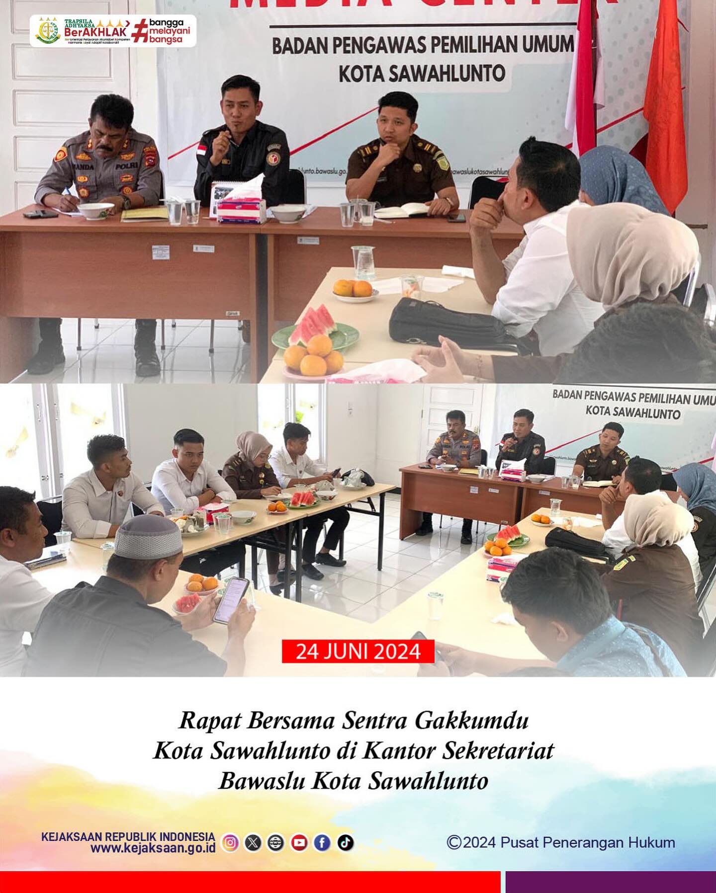 Bahwa pada hari Senin, 24 Juni 2024 bertempat di Kantor Sekretariat Bawaslu Kota Sawahlunto, Kasubsi A Kejaksaan Negeri Sawahlunto, Arief Hidayat,S.H bersama Jaksa Fungsional Kejaksaan Negeri Sawahlunto Laras Iga Mawarni, S.H mengikuti Rapat Bersama Sentra Gakkumdu Kota Sawahlunto. - from Instagram