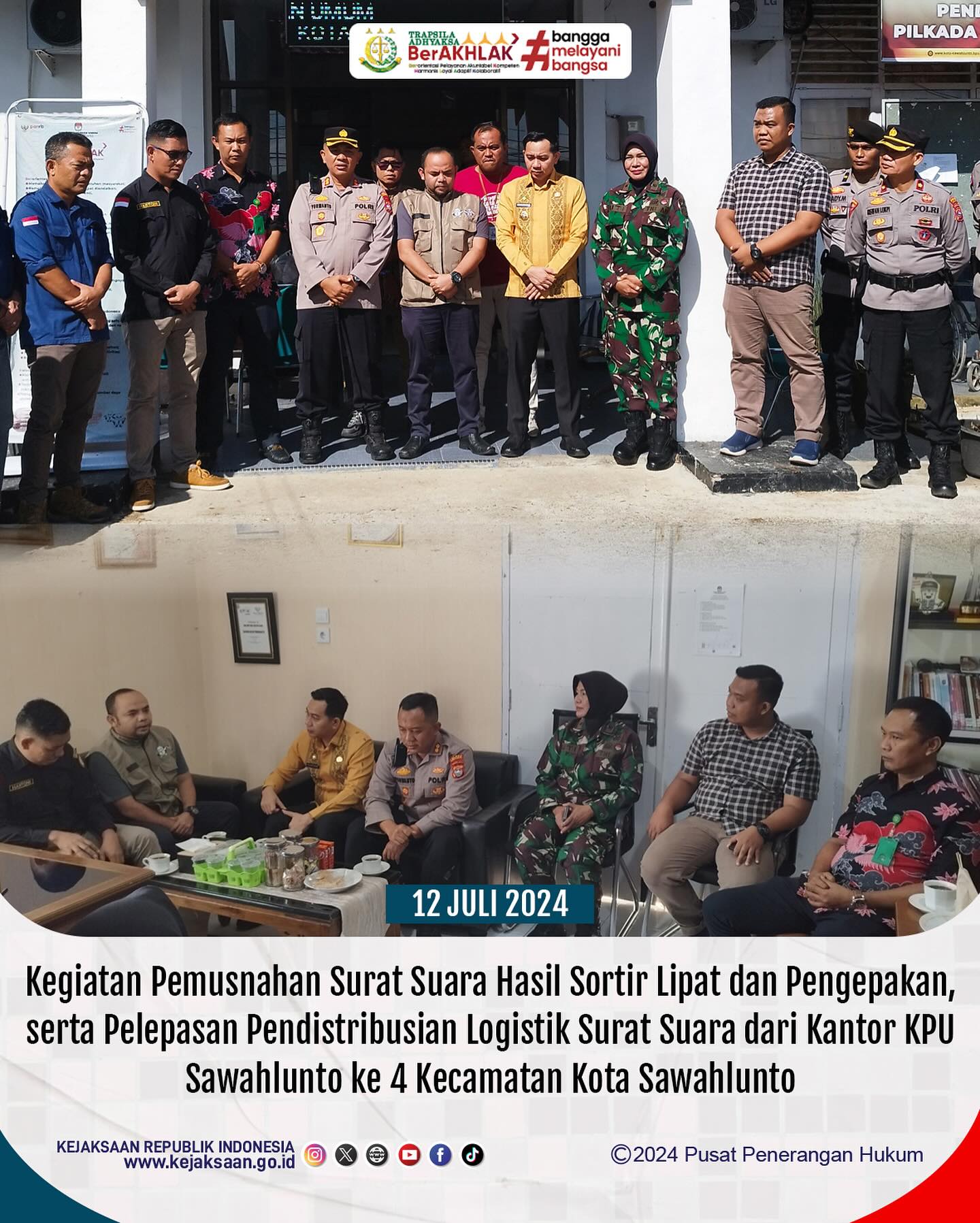 Bahwa pada hari Jumat, 12 Juli 2024, bertempat di Kantor Komisi Pemilihan Umum Sawahlunto, Kasi Intelijen, Dede Mauladi,S.H menghadiri kegiatan Pemusnahan Surat Suara Hasil Sortir Lipat dan Pengepakan, serta Pelepasan Pendistribusian Logistik Surat Suara dari Kantor KPU Sawahlunto ke 4 Kecamatan Kota Sawahlunto - from Instagram