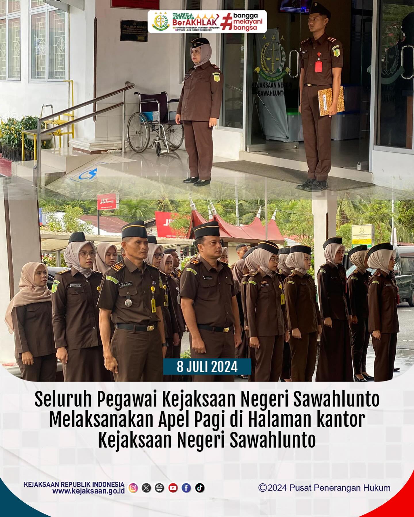 Bahwa pada hari Senin, 08 Juli 2024, bertempat di Kantor Kejaksaan Negeri Sawahlunto, Seluruh Pegawai Kejaksaan Negeri Sawahlunto Melaksanakan Apel Pagi - from Instagram