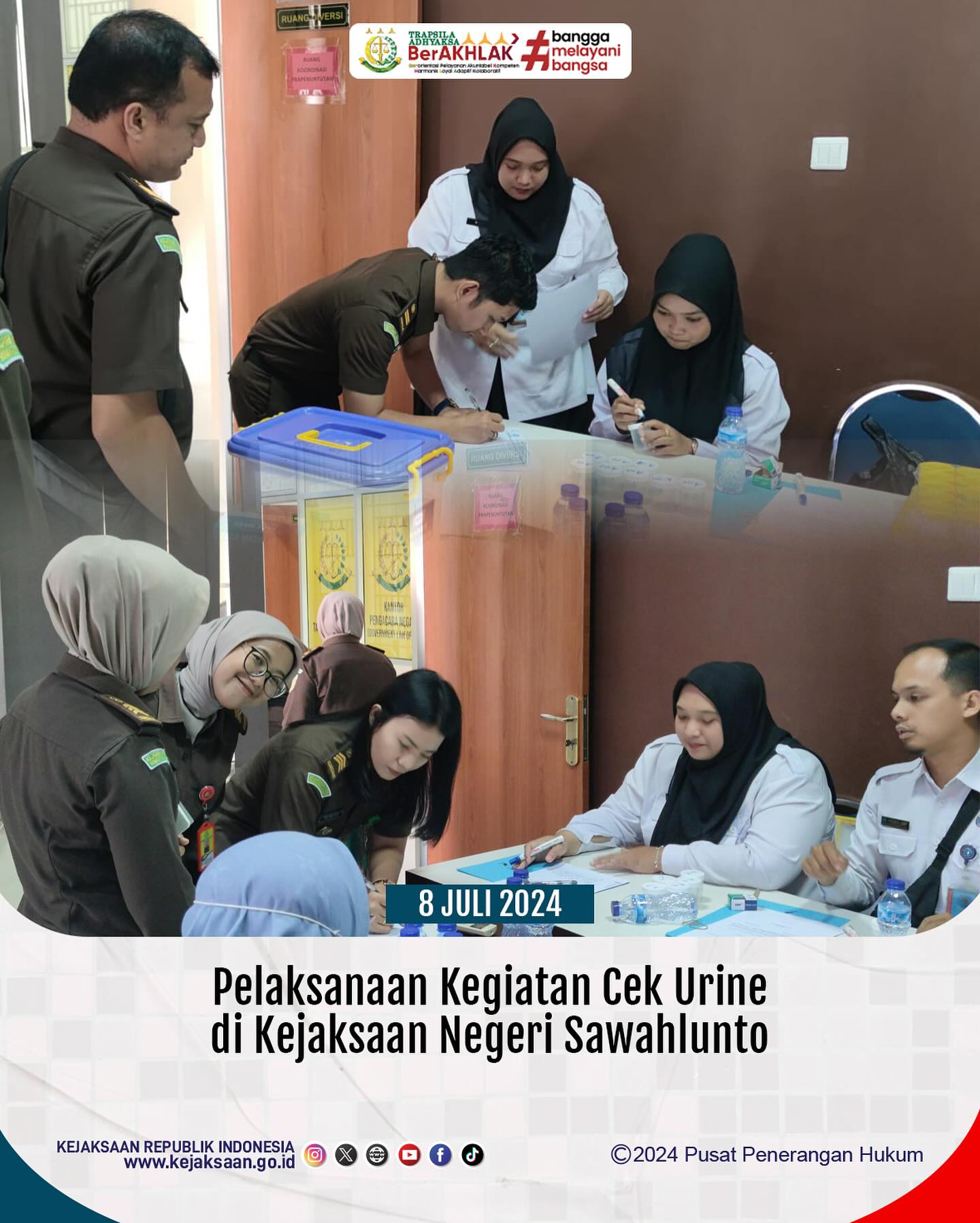 Bahwa pada hari Senin, 08 Juli 2024, bertempat di Aula Kejaksaan Negeri Sawahlunto, Seluruh Pegawai Kejaksaan Negeri Sawahlunto mengikuti tes Narkoba dari BNN Kota Sawahlunto. - from Instagram