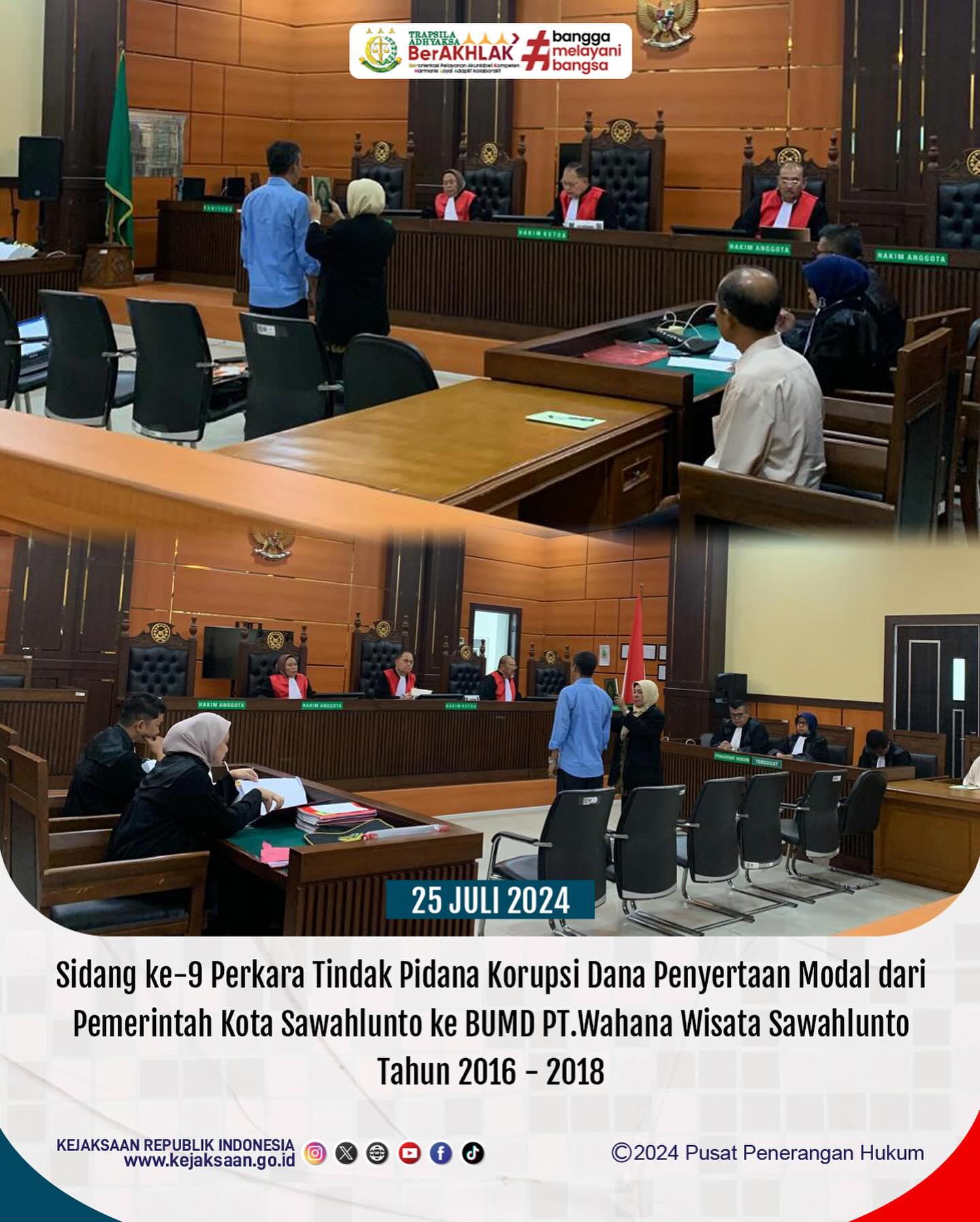 Bahwa pada hari Kamis, 25 Juli 2024, bertempat di Kantor Pengadilan Kelas IA Padang, dilaksanakan Sidang ke-9 Perkara Tindak Pidana Korupsi Dana Penyertaan Modal dari Pemerintah Kota Sawahlunto ke BUMD PT.Wahana Wisata Sawahlunto Tahun 2016 - 2018 dengan agenda sidang yaitu pemeriksaan Ahli. - from Instagram