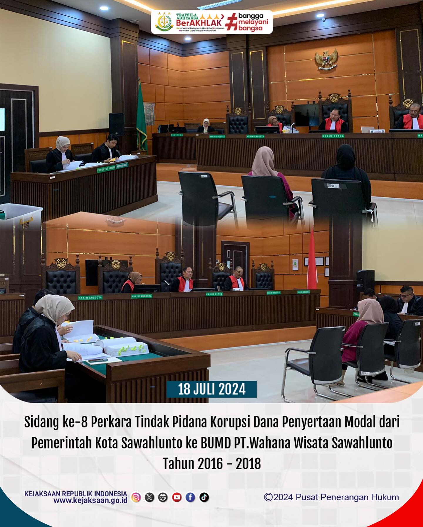 Bahwa pada hari Kamis, 18 Juli 2024, bertempat di Kantor Pengadilan Kelas IA Padang, dilaksanakan Sidang ke-8 Perkara Tindak Pidana Korupsi Dana Penyertaan Modal dari Pemerintah Kota Sawahlunto ke BUMD PT.Wahana Wisata Sawahlunto Tahun 2016 - 2018 dengan agenda sidang yaitu pemeriksaan Saksi-saksi - from Instagram