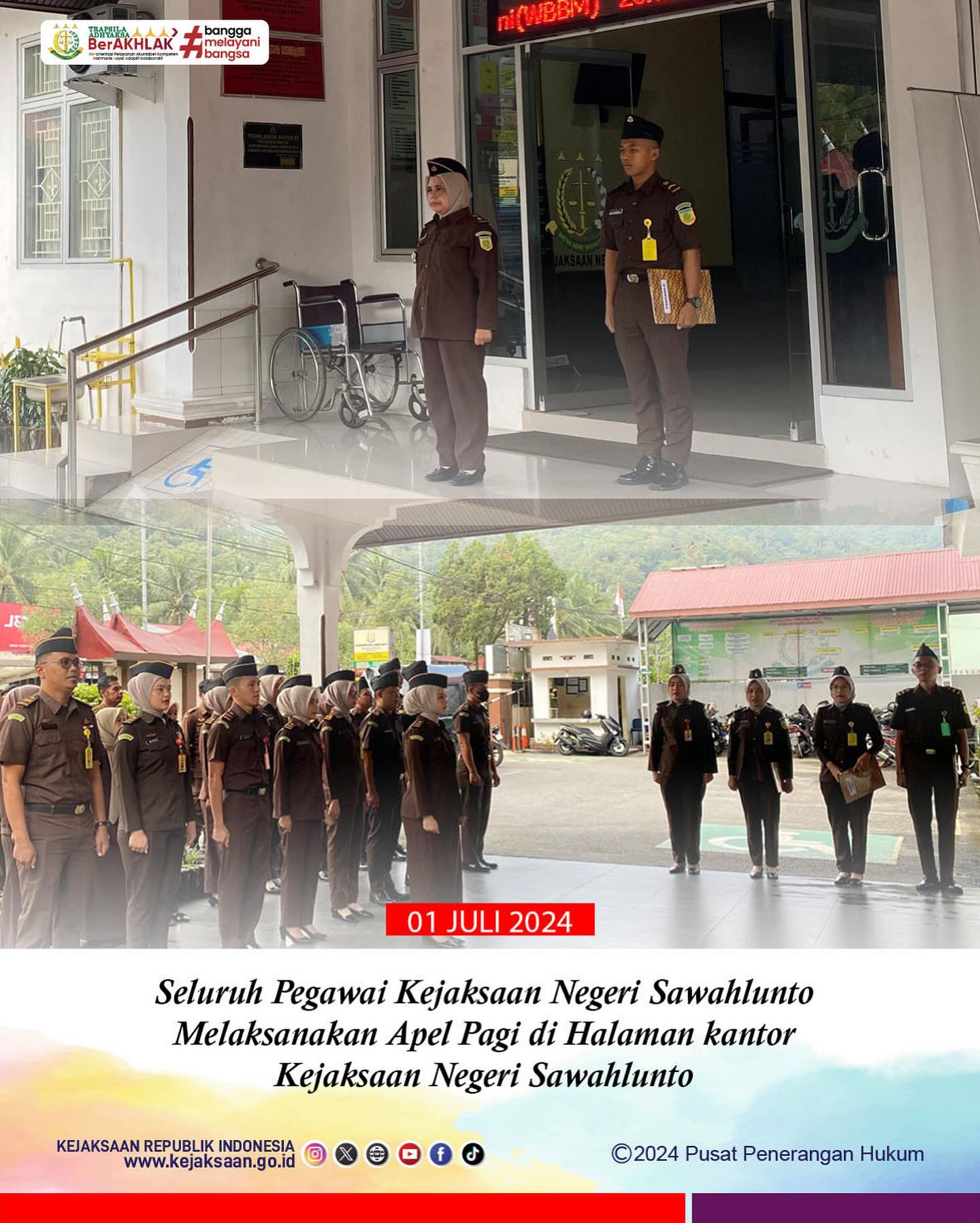 Bahwa pada hari Senin, 01 Juli 2024, bertempat di Kantor Kejaksaan Negeri Sawahlunto, Seluruh Pegawai Kejaksaan Negeri Sawahlunto Melaksanakan Apel Pagi. - from Instagram