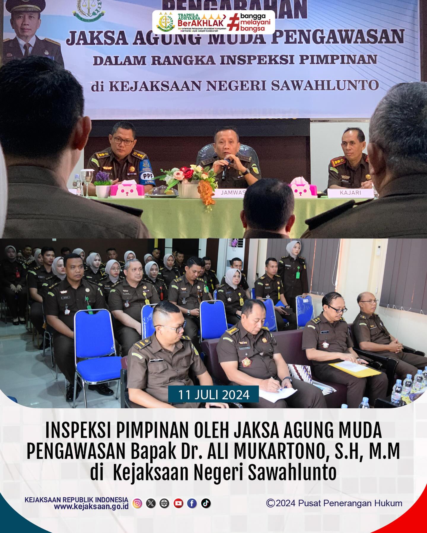Bahwa Pada Hari Kamis, 11 Juli 2024, bertempat di Kantor Kejaksaan Negeri Sawahlunto, dilaksanakan Kunjungan dan Inspeksi Pimpinan Oleh Jaksa Agung Muda Pengawasan Bapak Dr. Ali Mukartono, S.H., M.M di Wilayah Hukum Kejaksaan Negeri Sawahlunto - from Instagram