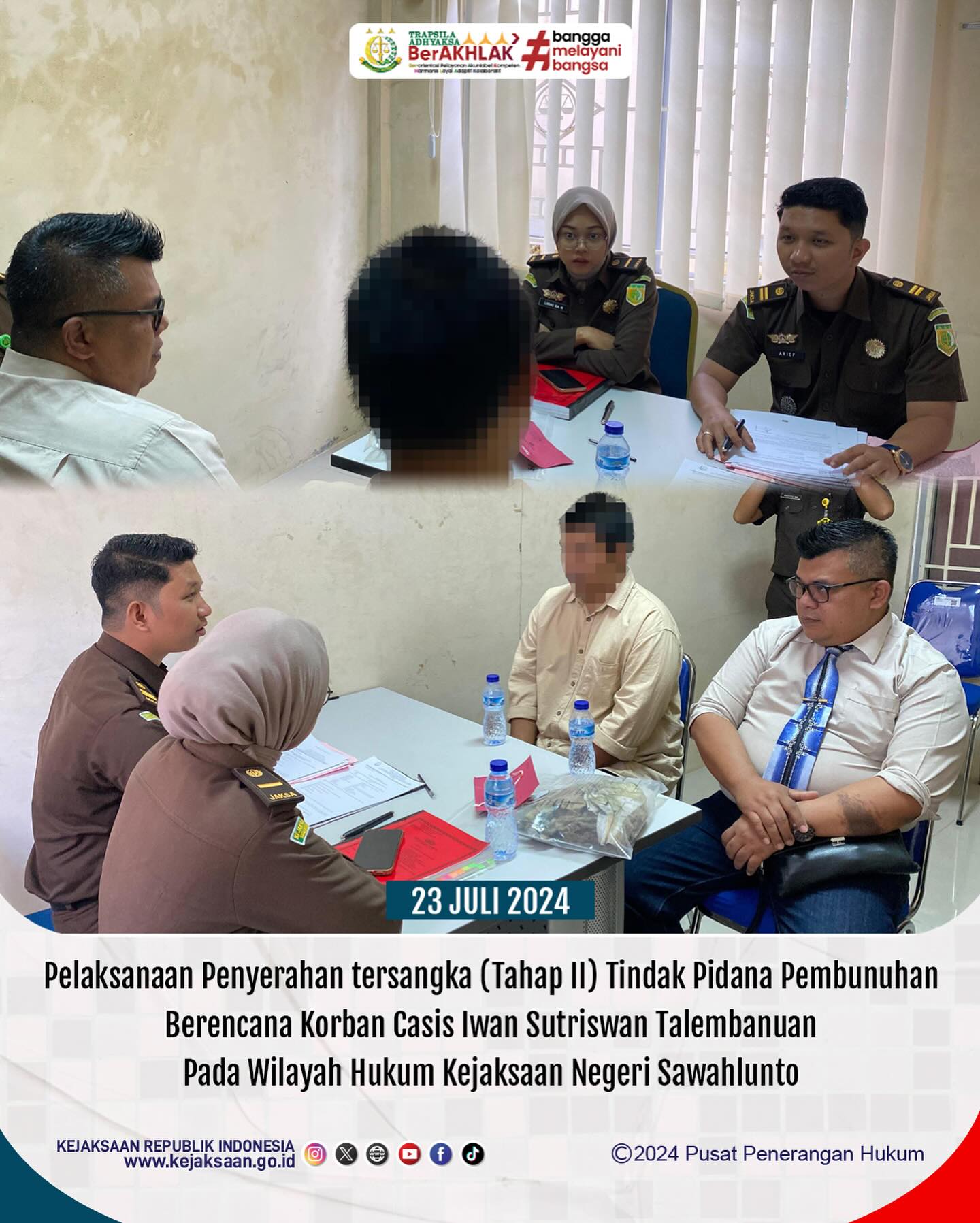 Bahwa pada hari Selasa, 23 Juli 2024, bertempat di Ruang Pemeriksaan Seksi Tindak Pidana Umum Kejaksaan Negeri Sawahlunto telah dilaksanakan Pelaksanaan Penyerahan Tersangka (Tahap II) Tindak Pidana Pembunuhan Berencana korban Casis Iwan Sutrisman Telembanua dari Penyidik Polres Sawahlunto pada Wilayah Hukum Kejaksaan Negeri Sawahlunto - from Instagram