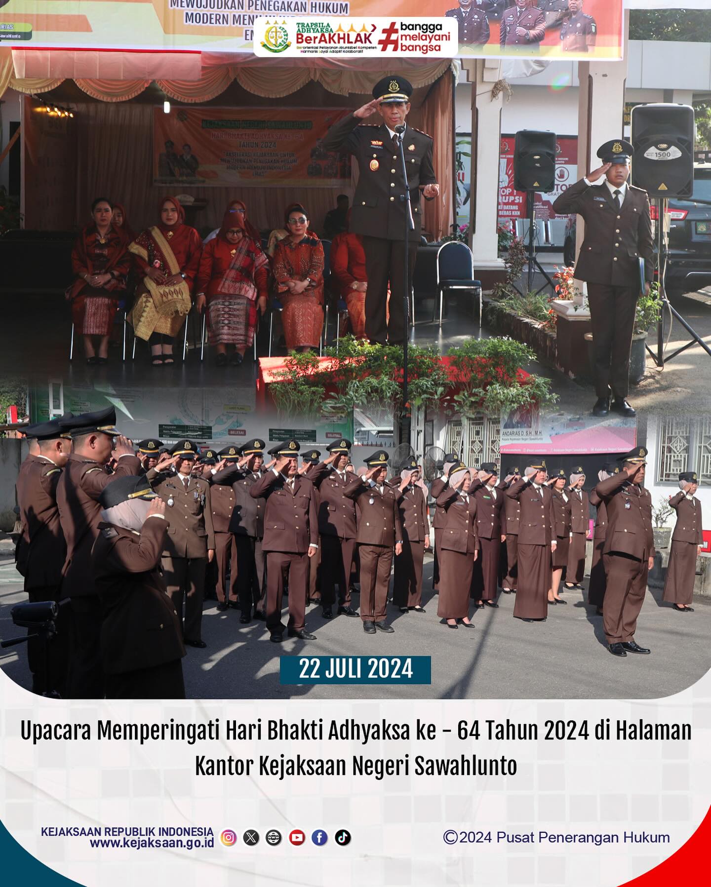 Bahwa pada hari Senin, 22 Juli 2024, bertempat di Halaman Kantor Kejaksaan Negeri Sawahlunto,Kepala Kejaksaan Negeri Sawahlunto dan Ketua IAD Daerah Sawahlunto beserta Pegawai Kejaksaan Negeri Sawahlunto dan Ibu IAD Daerah Sawahlunto melaksanakan Upacara Peringatan Hari Bhakti Adhyaksa ke - 64 Tahun 2024 - from Instagram