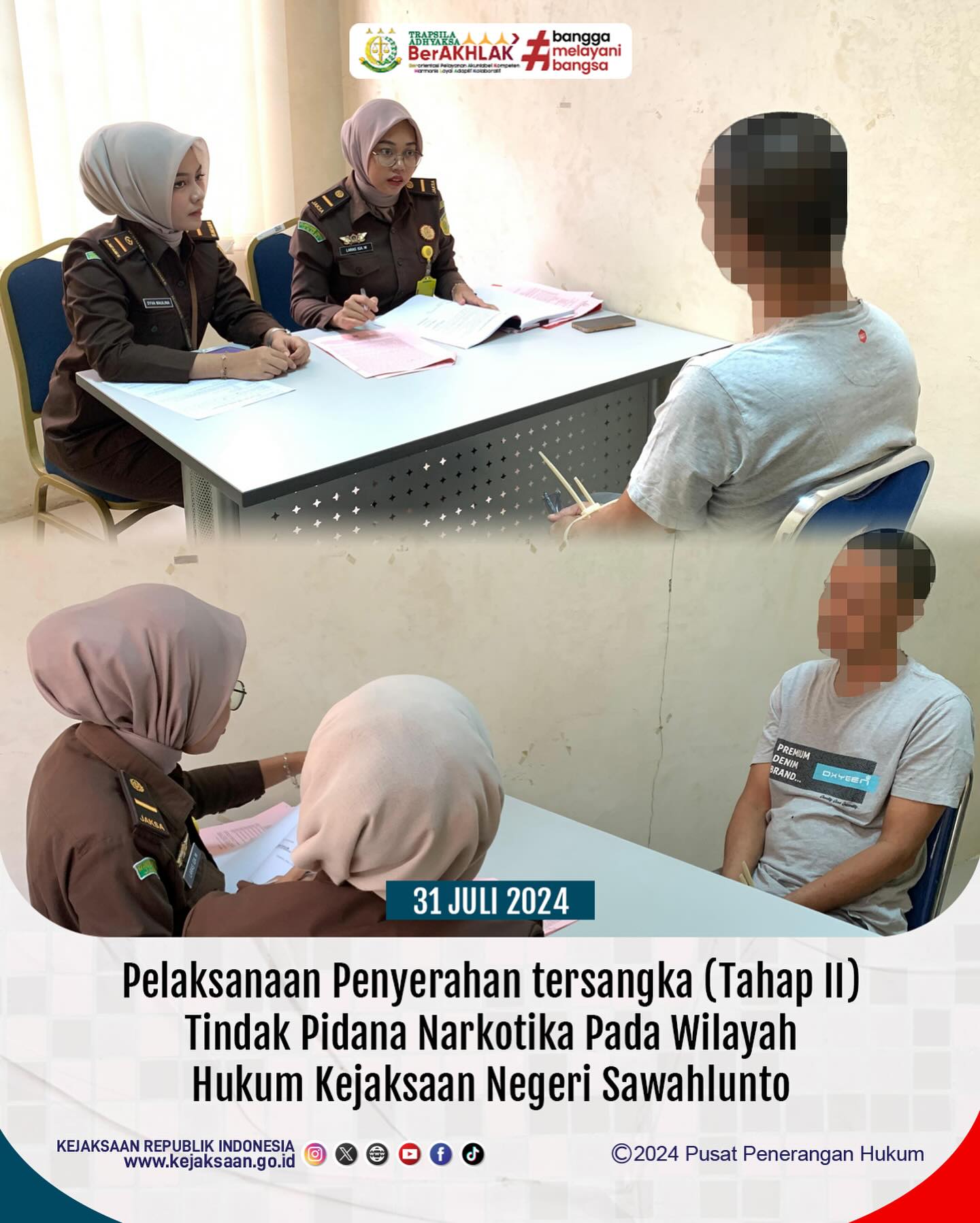 Bahwa pada hari Rabu, 31 Juli 2024, bertempat di Ruang Pemeriksaan Seksi Tindak Pidana Umum Kejaksaan Negeri Sawahlunto telah dilaksanakan Pelaksanaan Penyerahan Tersangka (Tahap II) Tindak Pidana Narkotika dari Penyidik Polres Sawahlunto. - from Instagram