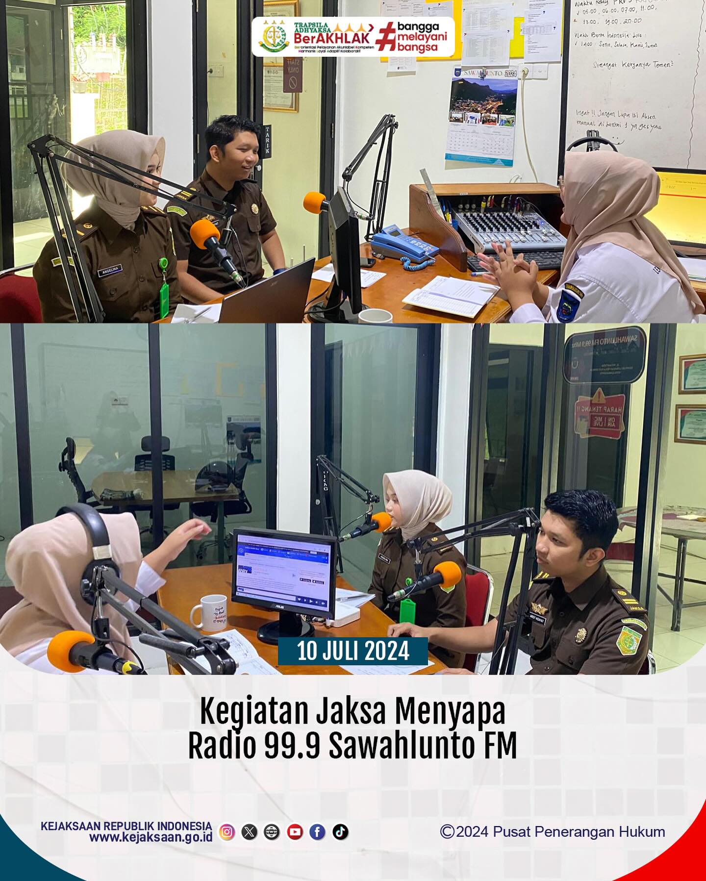 Bahwa pada hari Rabu, 10 Juli 2024, bertempat di Radio Sawahlunto 99,9 FM Kota Sawahlunto, Kasubsi A Kejaksaan Negeri Sawahlunto, Arief Hidayat,S.H dan Penelaah Penuntutan dan Penegakan Hukum (Calon Jaksa), Prima Angelina Invani,S.H melaksanakan kegiatan Jaksa Menyapa Radio 99.9 Sawahlunto FM dengan Tema “Sosialisasi Anti Bullying sebagai Upaya Preventif terjadinya Perundungan di Lingkungan Masyarakat”. - from Instagram