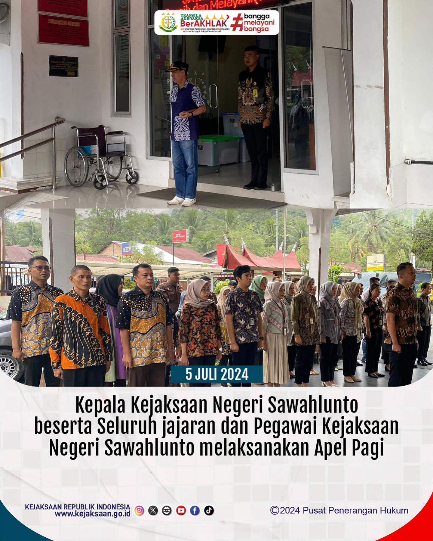 Bahwa pada hari Jumat, 05 Juli 2024, bertempat di Kantor Kejaksaan Negeri Sawahlunto, Kepala Kejaksaan Negeri Sawahlunto beserta Seluruh jajaran dan Pegawai Kejaksaan Negeri Sawahlunto melaksanakan Apel Pagi. - from Instagram