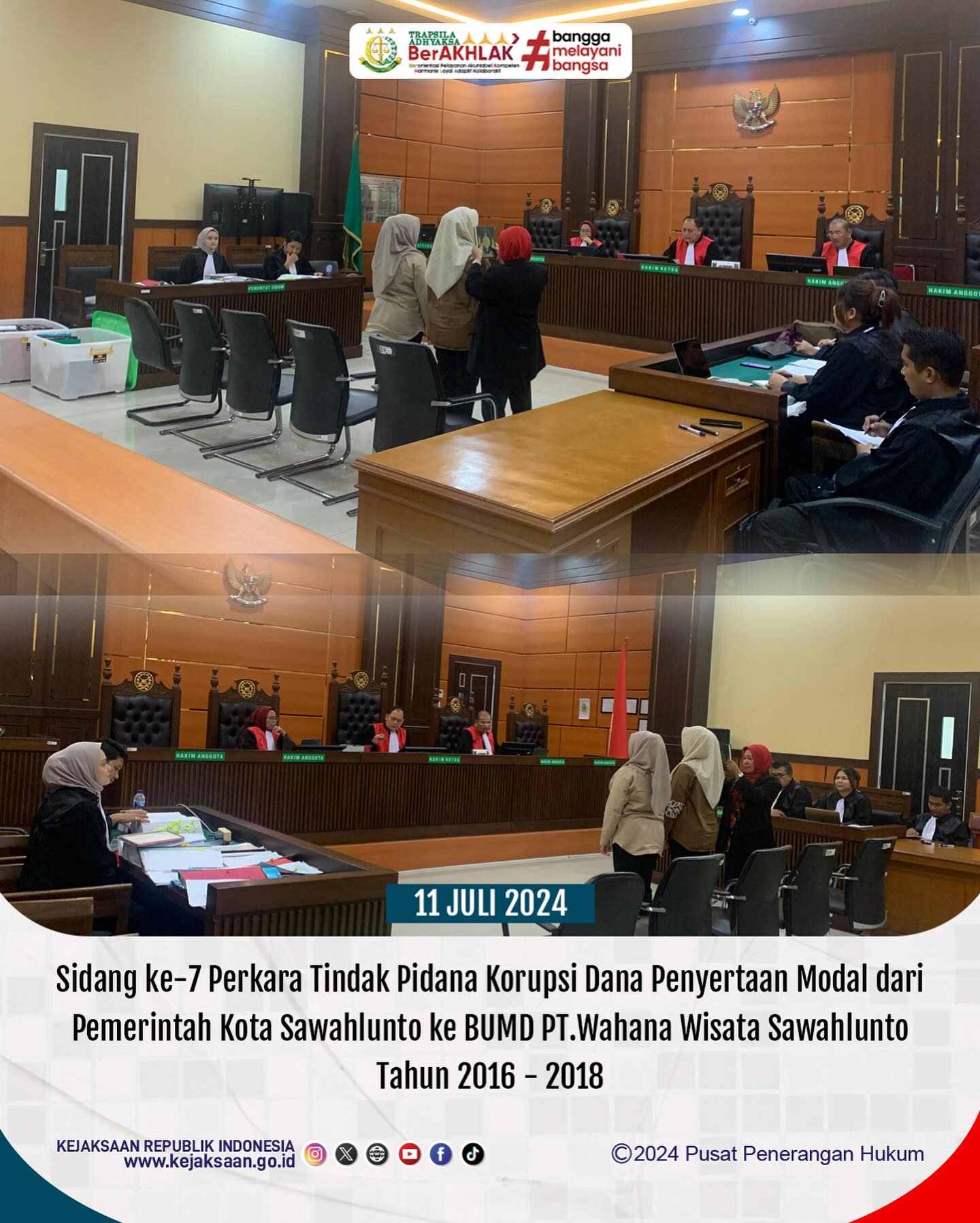Bahwa pada hari Kamis, 11 Juli 2024, bertempat di Kantor Pengadilan Kelas IA Padang, dilaksanakan Sidang ke-7 Perkara Tindak Pidana Korupsi Dana Penyertaan Modal dari Pemerintah Kota Sawahlunto ke BUMD PT.Wahana Wisata Sawahlunto Tahun 2016 - 2018 dengan agenda sidang yaitu pemeriksaan Saksi-saksi - from Instagram