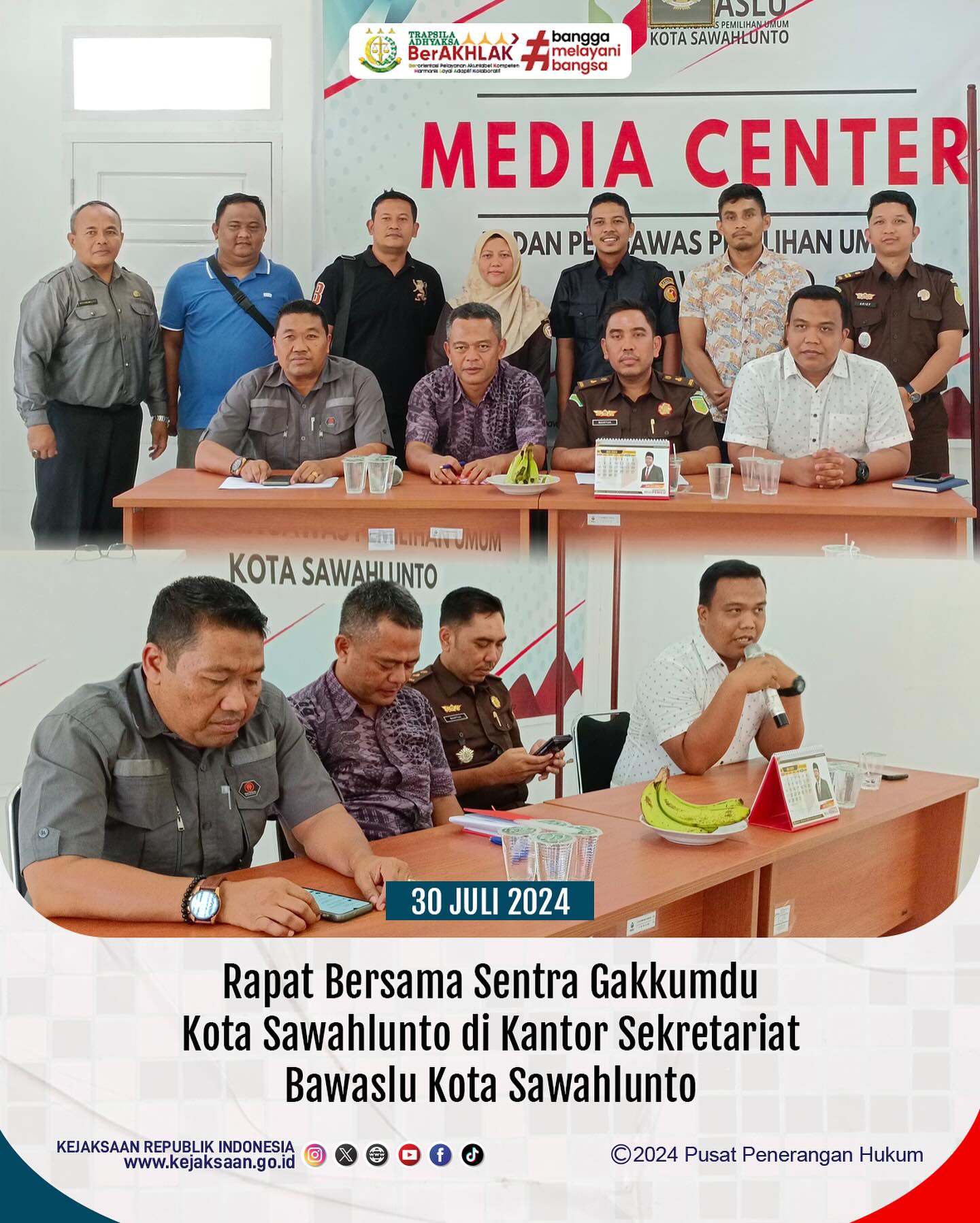 Bahwa pada hari Selasa, 30 Juli 2024 bertempat di Kantor Sekretariat Bawaslu Kota Sawahlunto, Kasi intelijen, Dede Mauladi, S.H, Kasi Tindak Pidana Umum, Susanto Martua,S.H.,M.H,dan Kasubsi A Kejaksaan Negeri Sawahlunto, Arief Hidayat.S.H mengikuti Rapat Bersama Sentra Gakkumdu Kota Sawahlunto. - from Instagram