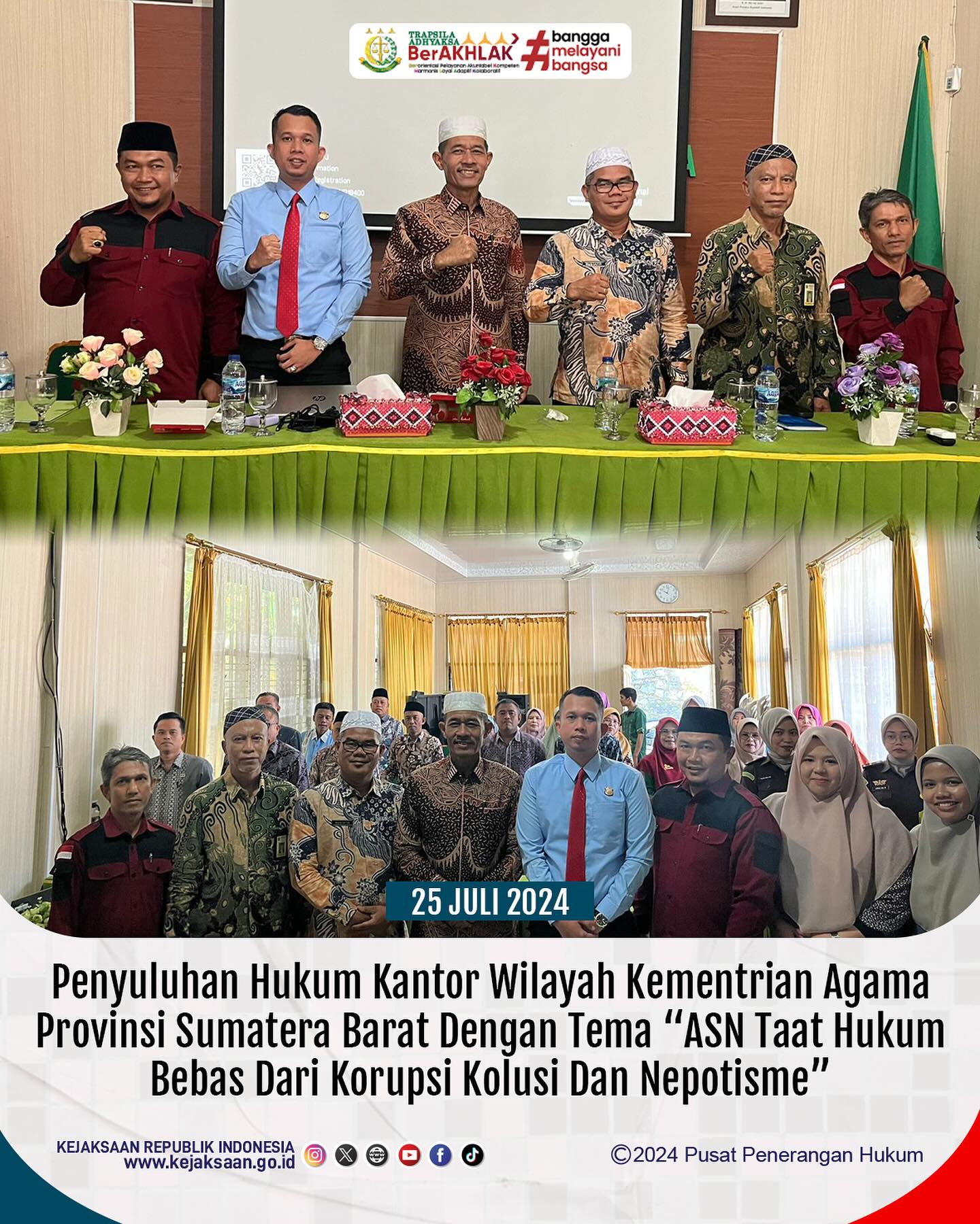 Bahwa pada hari Kamis, 25 Juli 2024, bertempat di Aula Kantor Wilayah Kementerian Agama Provinsi Sumatera Barat Kota Sawahlunto, Kepala Seksi Perdata dan Tata Usaha Negara Kejaksaan Negeri Sawahlunto beserta Jaksa Pengacara Negara dan Staff Perdata dan Tata Usaha Negara Kejaksaan Negeri Sawahlunto melaksanakan kegiatan Penyuluhan hukum Kantor Wilayah Kementrian Agama Provinsi Sumatera Barat dengan tema ASN Taat Hukum Bebas Dari Korupsi Kolusi Dan Nepotisme. - from Instagram