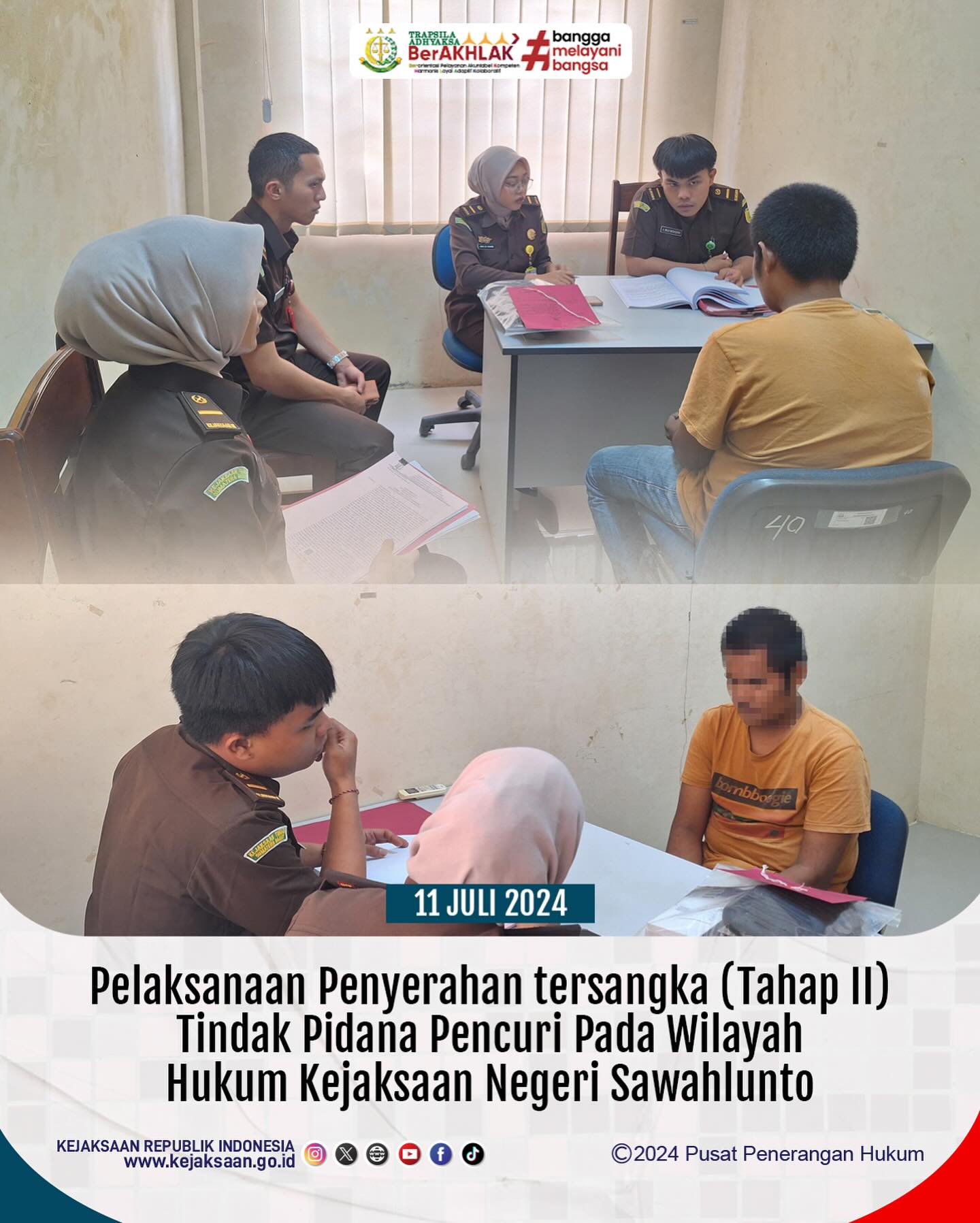 Bahwa pada hari Kamis, 11 Juli 2024, bertempat di Ruang Pemeriksaan Seksi Tindak Pidana Umum Kejaksaan Negeri Sawahlunto telah dilaksanakan Pelaksanaan Penyerahan Tersangka (Tahap II) Tindak Pidana Pencurian dari Penyidik Polres Sawahlunto - from Instagram