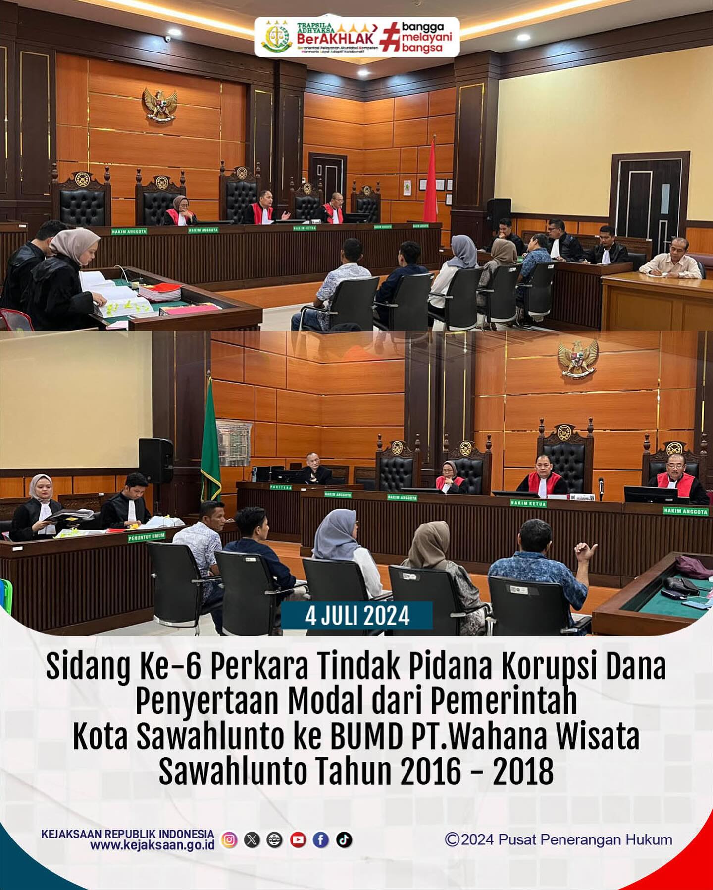 Bahwa pada hari Kamis, 04 Juli 2024, bertempat di Kantor Pengadilan Kelas IA Padang, dilaksanakan Sidang ke-6 Perkara Tindak Pidana Korupsi Dana Penyertaan Modal dari Pemerintah Kota Sawahlunto ke BUMD PT.Wahana Wisata Sawahlunto Tahun 2016 - 2018 dengan agenda sidang yaitu pemeriksaan Saksi-saksi. - from Instagram