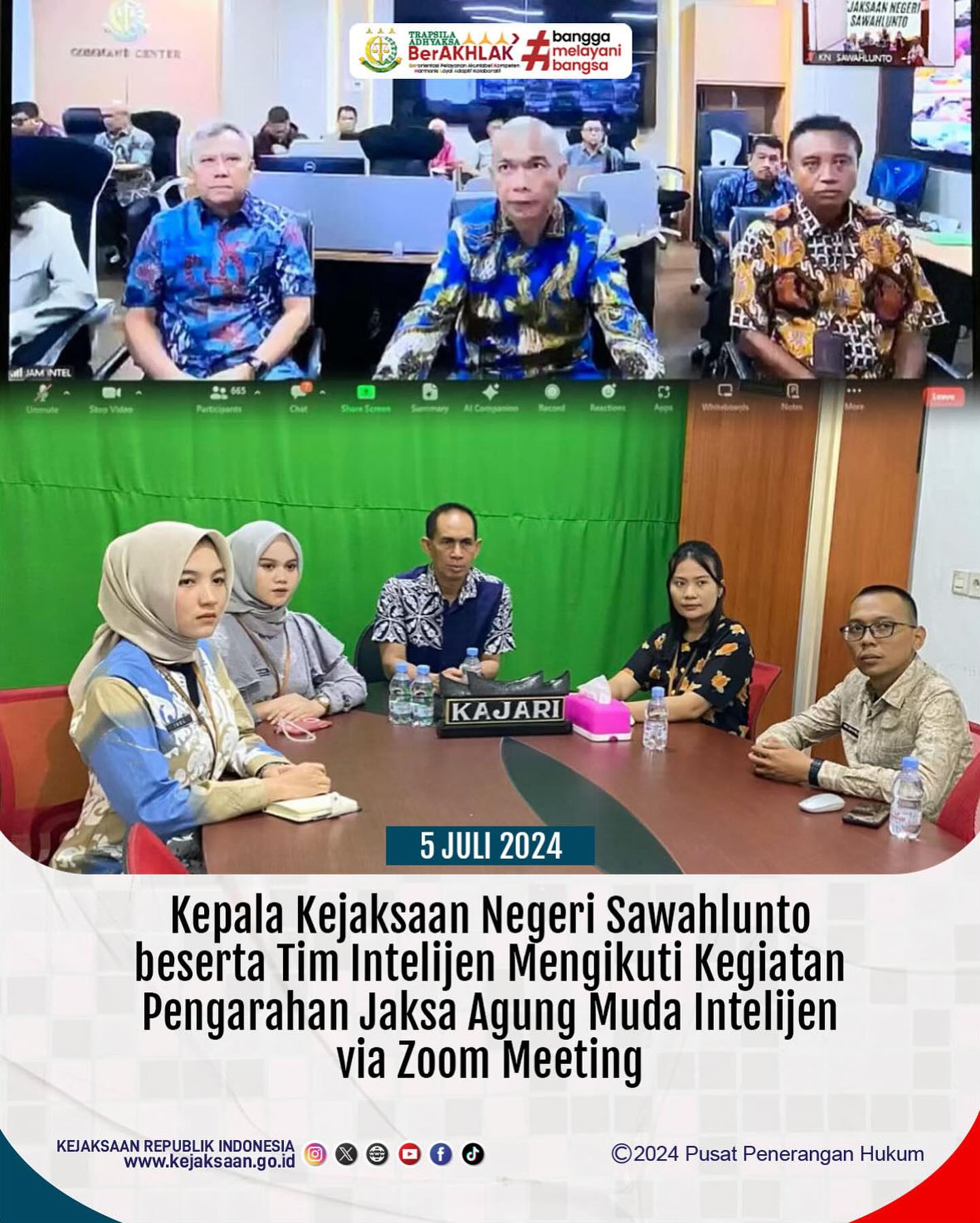 Bahwa pada hari Jumat, 05 Juli 2024, bertempat di Ruang Vicon Kantor Kejaksaan Negeri Sawahlunto, Kepala Kejaksaan Negeri Sawahlunto beserta Tim Intelijen Mengikuti Kegiatan Pengarahan Jaksa Agung Muda Intelijen via Zoom Meeting. - from Instagram