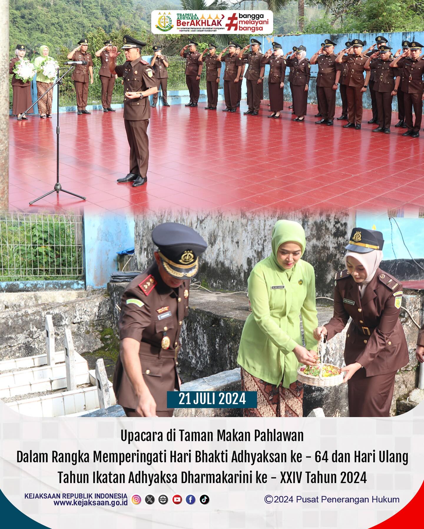 Bahwa pada hari Minggu, 21 Juli 2024, bertempat di Taman Makam Pahlawan Kota Sawahlunto,Dalam Rangka memperingati Hari Bhakti Adhyaksa ke - 64 dan Hari Ulang Tahun XXIV Ikatan Adhyaksa Dharmakarini Tahun 2024, Kepala Kejaksaan Negeri Sawahlunto dan Ketua IAD Daerah Sawahlunto beserta Pegawai Kejaksaan Negeri Sawahlunto dan Ibu IAD Daerah Sawahlunto melaksanakan Upacara Penghormatan Di Taman Makam Pahlawan Kota Sawahlunto. - from Instagram