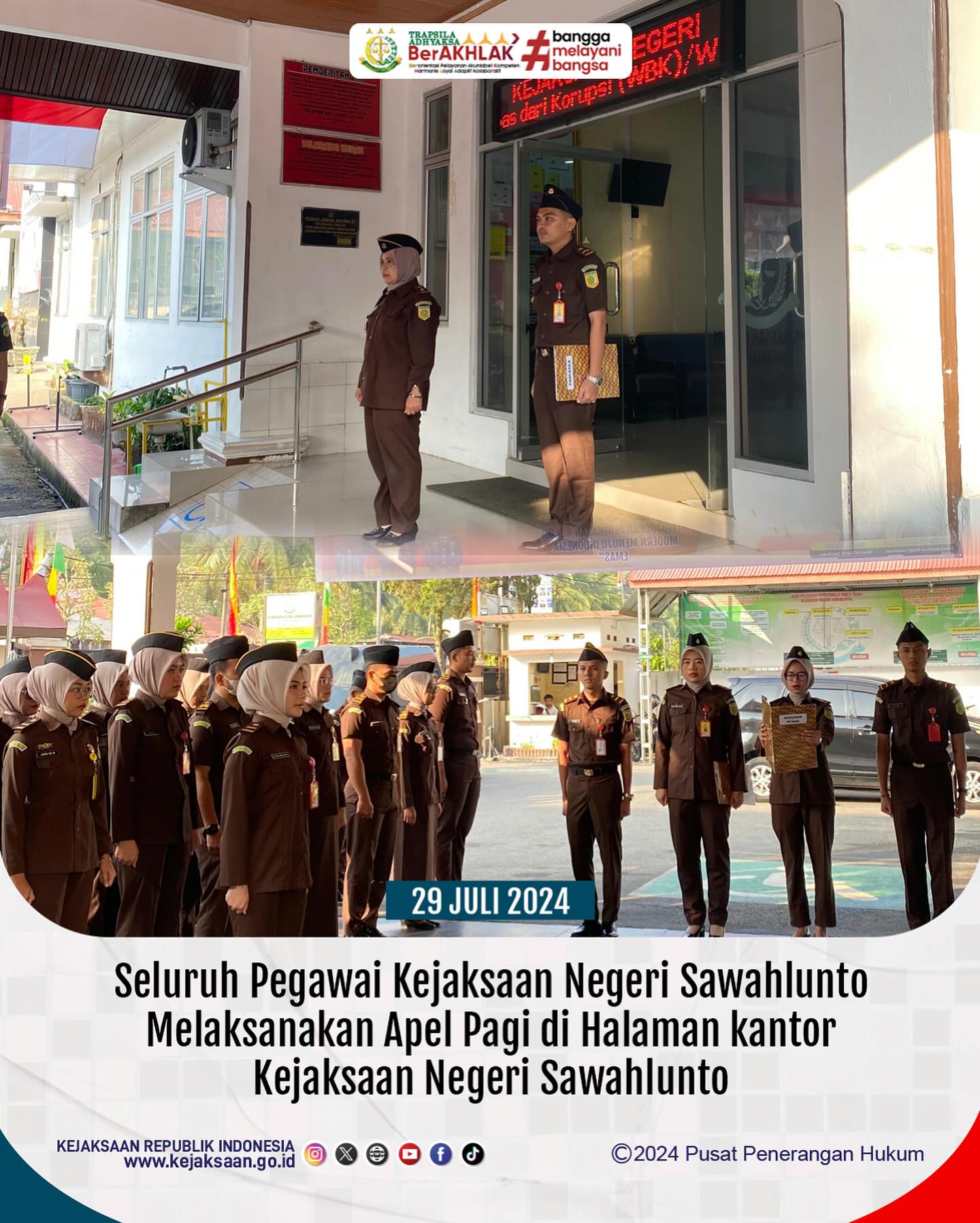 Bahwa pada hari Senin, 29 Juli 2024, bertempat di Kantor Kejaksaan Negeri Sawahlunto, Seluruh Pegawai Kejaksaan Negeri Sawahlunto Melaksanakan Apel Pagi. - from Instagram