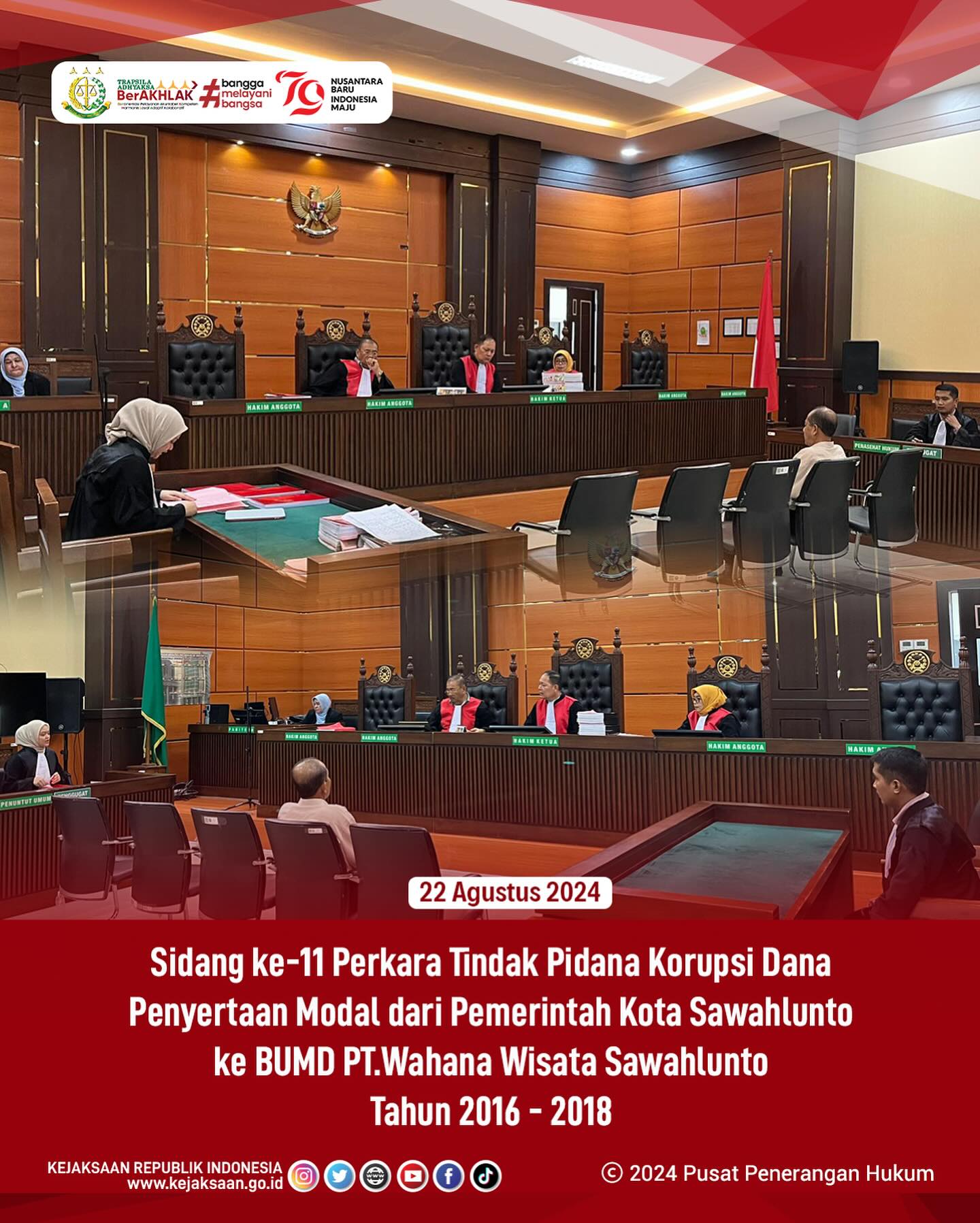 Bahwa pada hari Kamis, 22 Agustus 2024, bertempat di Kantor Pengadilan Kelas IA Padang, dilaksanakan Sidang ke-11 Perkara Tindak Pidana Korupsi Dana Penyertaan Modal dari Pemerintah Kota Sawahlunto ke BUMD PT.Wahana Wisata Sawahlunto Tahun 2016 - 2018 dengan agenda sidang yaitu Pembacaan Tuntutan dari Penuntut Umum. - from Instagram