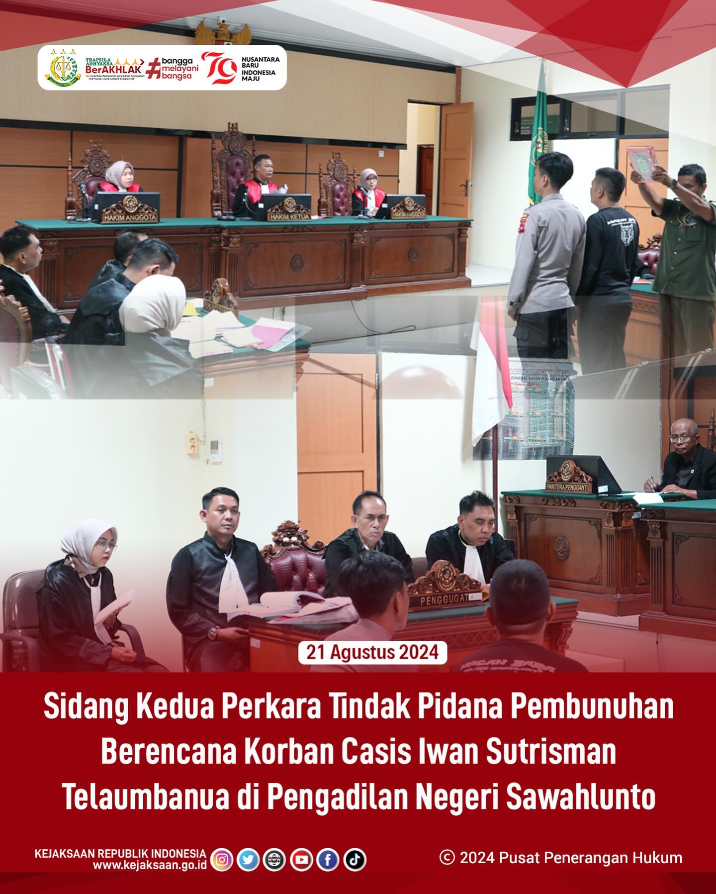 Bahwa pada hari Rabu, 21 Agustus 2024, bertempat di Pengadilan Negeri Sawahlunto, telah dilaksanakan sidang kedua dengan agenda pemeriksaan saksi - saksi terhadap Perkara Tindak Pidana Pembunuhan Berencana Korban Casis Iwan Sutrisman TaleambanuaSidang pemeriksaan saksi tersebut dilakukan langsung oleh Kepala Kejaksaan Negeri Sawahlunto, Andarias D’Orney,S.H.,M.H.,Kasi Tindak Pidana Umum, Susanto Martua,S.H.,M.H., Kasi Tindak Pidana Khusus, Andiko,S.H., dan Jaksa Laras Iga Mawarni,S.H. - from Instagram