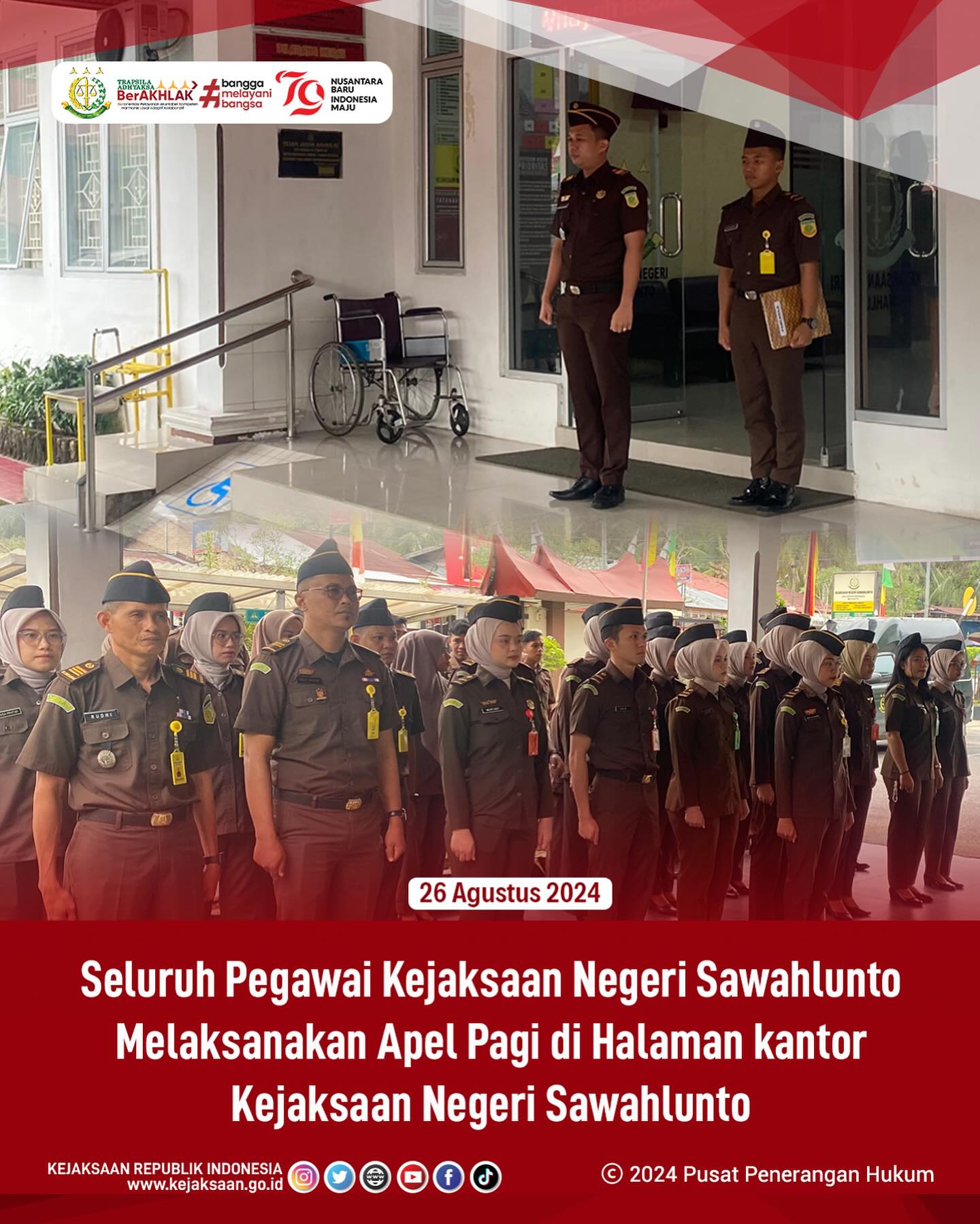 Bahwa pada hari Senin, 26 Agustus 2024, bertempat di Kantor Kejaksaan Negeri Sawahlunto, Seluruh Pegawai Kejaksaan Negeri Sawahlunto Melaksanakan Apel Pagi. - from Instagram
